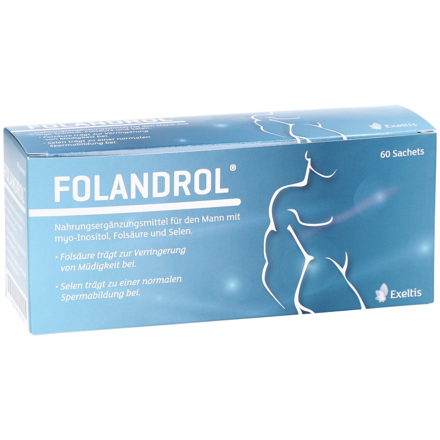 Blau-weiße Schachtel mit "FOLANDROL"-Schriftzug. Enthält 60 Sachets. Aufdrucke: Nahrungsergänzungsmittel, Inhaltsstoffe.