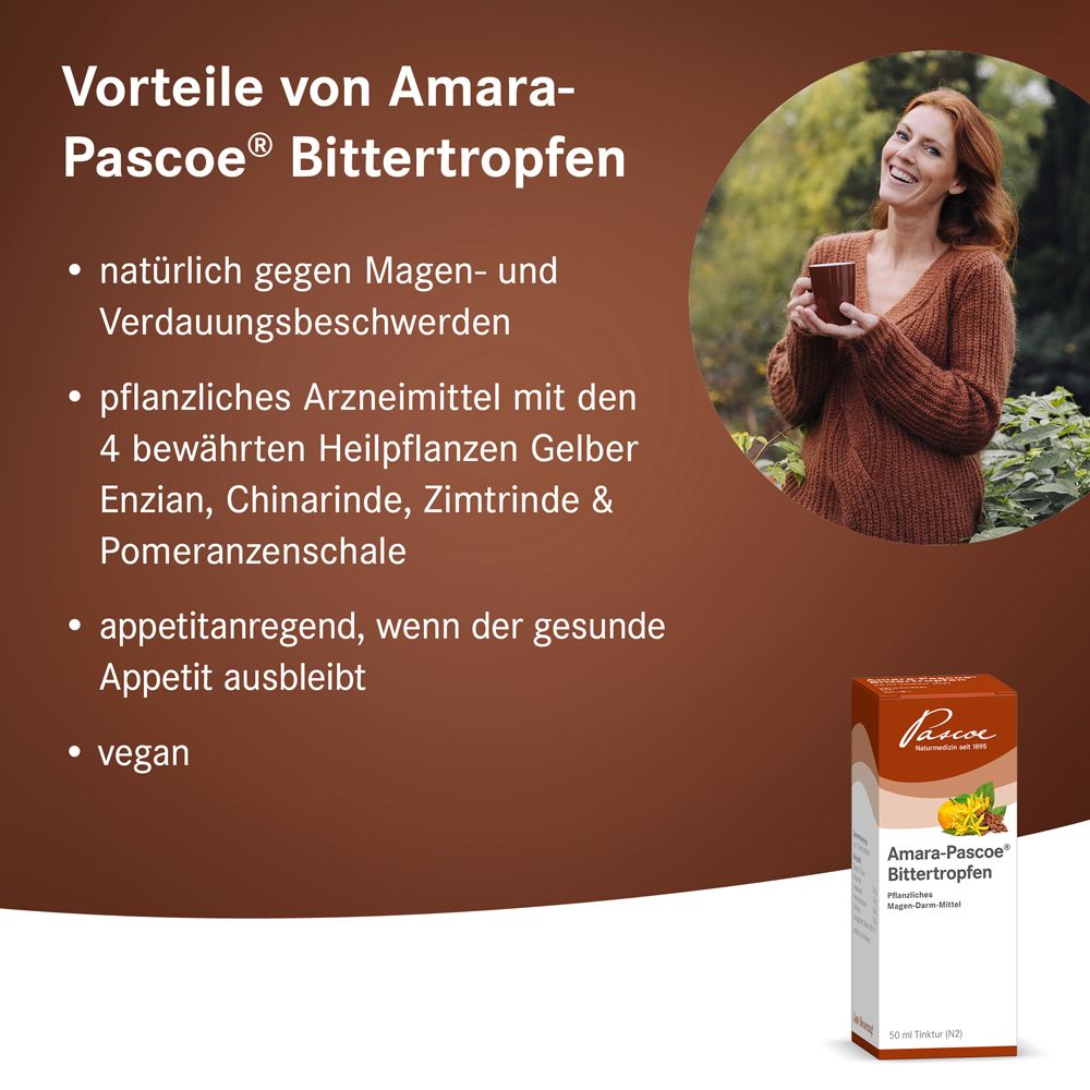 Produktverpackung und Frau mit Tasse. Text: Vorteile von Amara-Pascoe Bittertropfen. Vegan.
