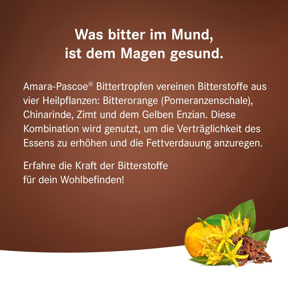 Text: Amara-Pascoe Bittertropfen. Bitterstoffe aus vier Heilpflanzen. Fördert die Fettverdauung.