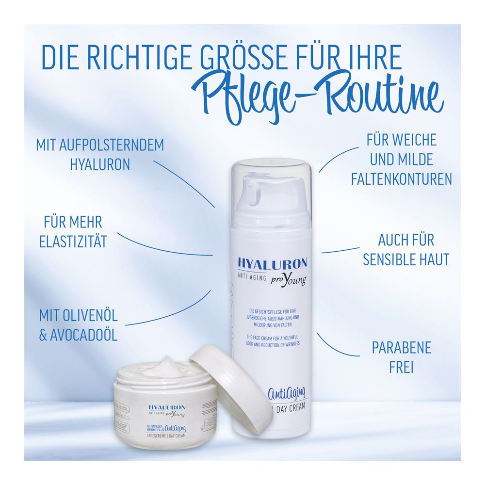 Creme und Flasche. Aufschrift: HYALURON Anti Aging proYoung. Faltenfüller Tagescreme. Text: Pflege-Routine.
