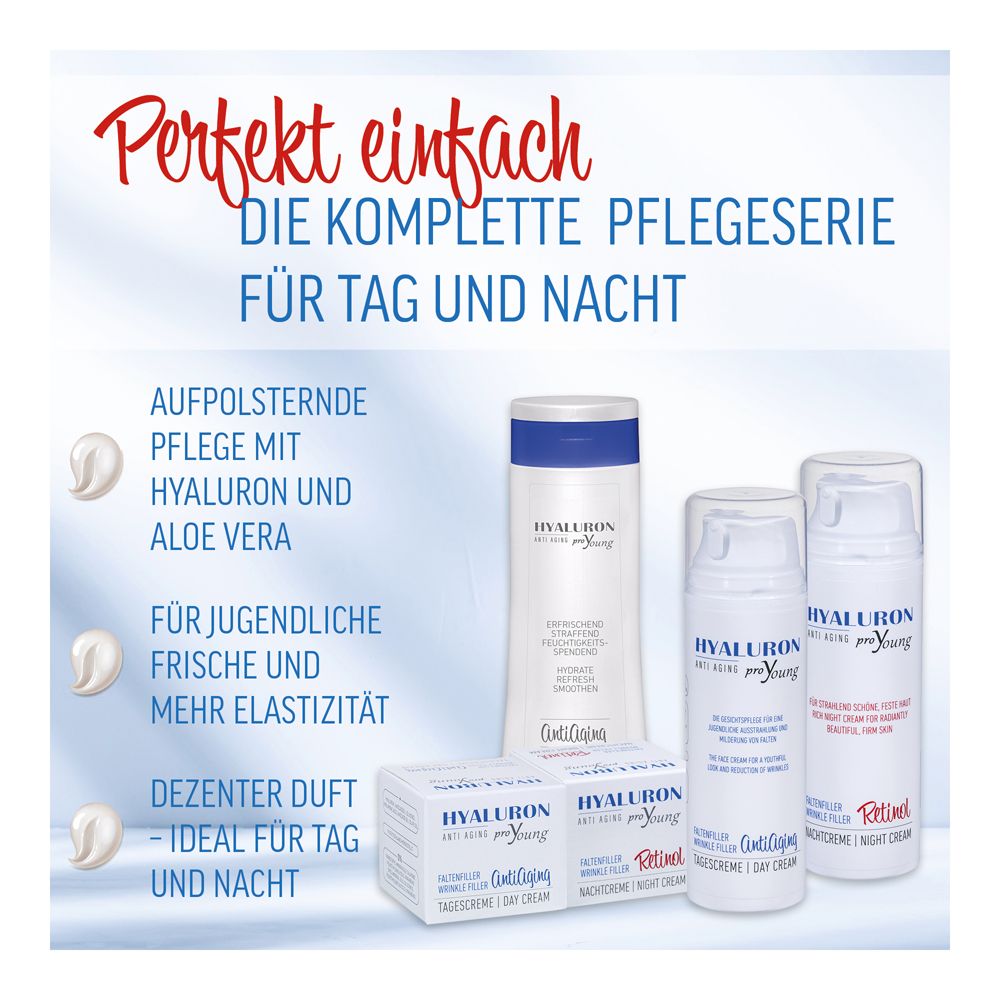 Produktserie. Aufschrift: HYALURON Anti Aging proYoung. Tagescreme, Nachtcreme, Retinol.