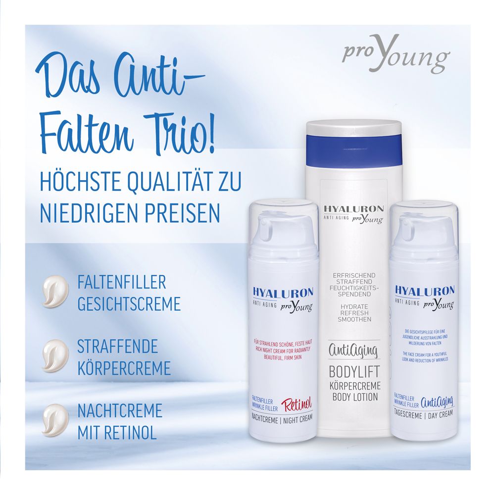 Produkte. Aufschrift: HYALURON Anti Aging proYoung. Gesichtscreme, Körpercreme, Nachtcreme.