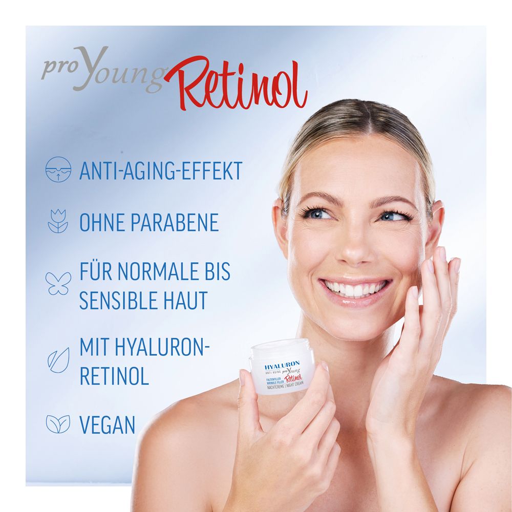 Frau hält Tiegel HYALURON proYoung Retinol. Text: Anti-Aging-Effekt, ohne Parabene, für normale bis sensible Haut, vegan.
