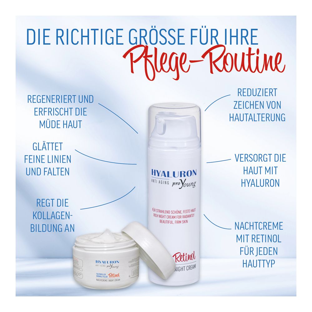 Zwei Tiegel und Flasche HYALURON proYoung Retinol. Text: Regeneriert, erfrischt, glättet, regt Kollagenbildung an, reduziert Zeichen.