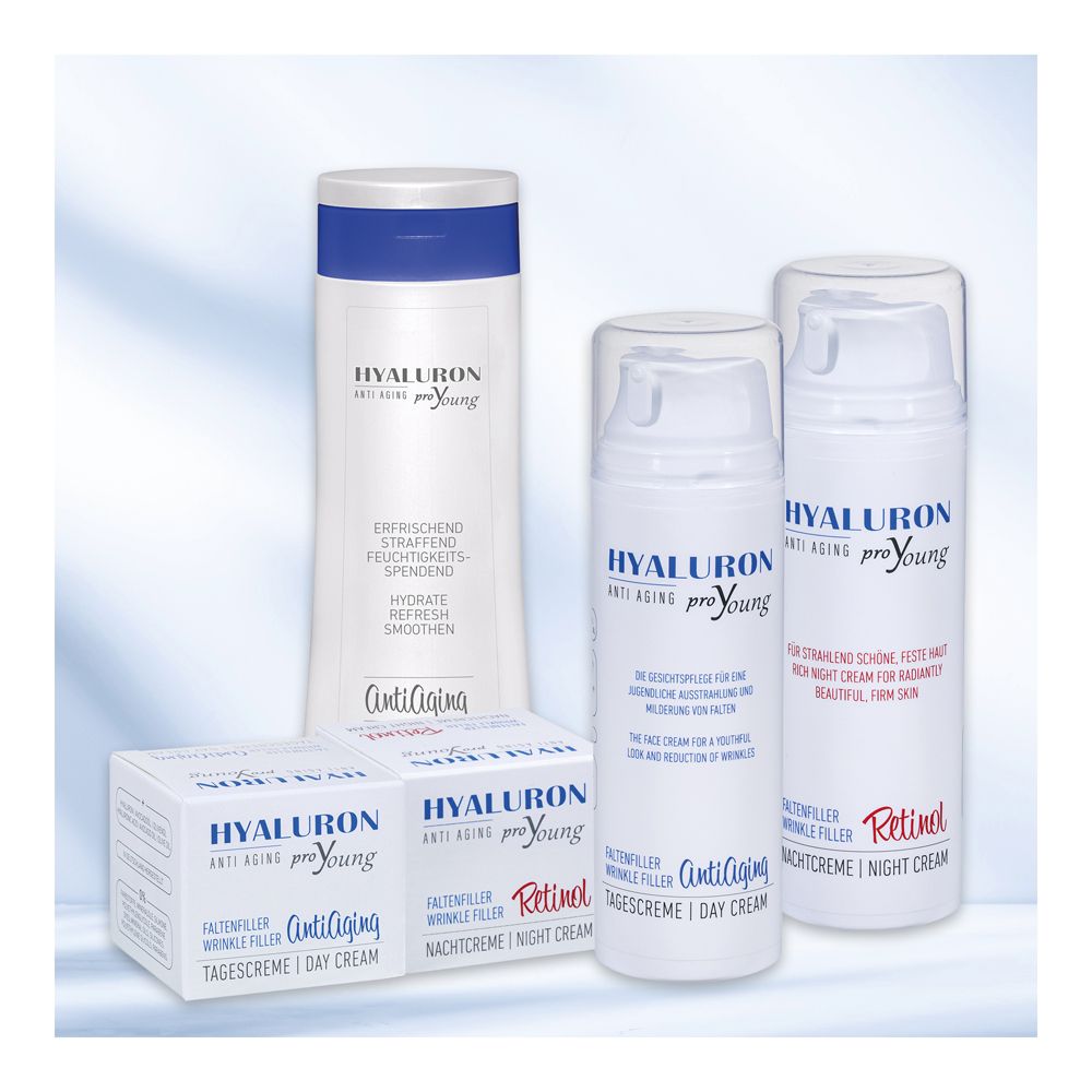 Verschiedene Produkte HYALURON proYoung. Text: Anti-Aging, Tagescreme, Nachtcreme. Zertifizierung.