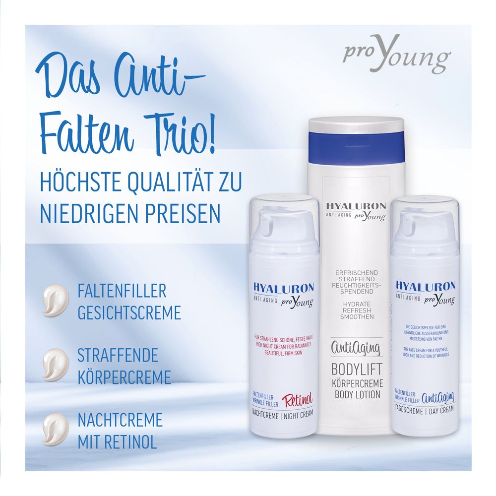 Verschiedene Produkte HYALURON proYoung. Text: Anti-Falten Trio, Faltenfüller, straffende Körpercreme, Nachtcreme mit Retinol.