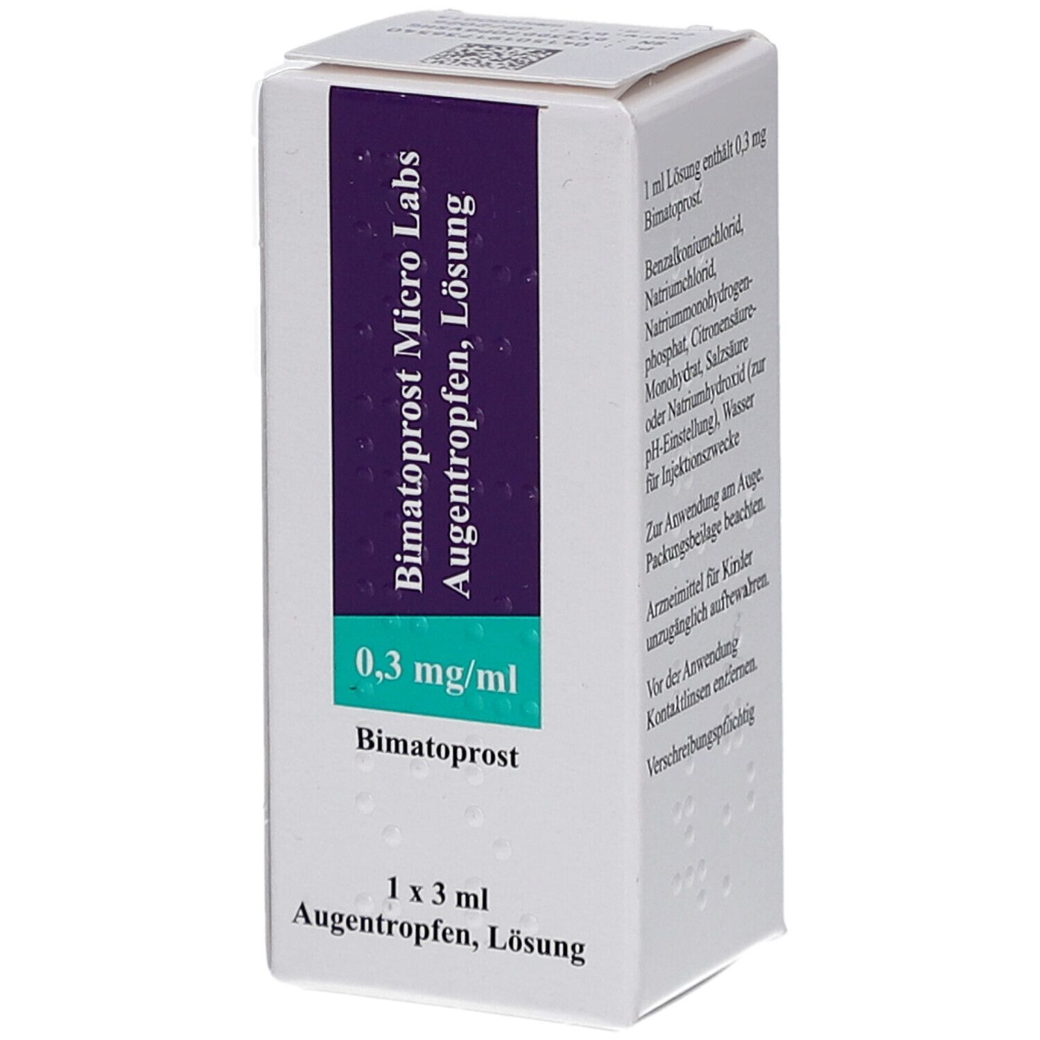 Schachtel mit Augentropfen. Aufschrift: Bimatoprost Micro Labs, 0,3 mg/ml. Inhalt: 1 x 3 ml Augentropfen, Lösung.