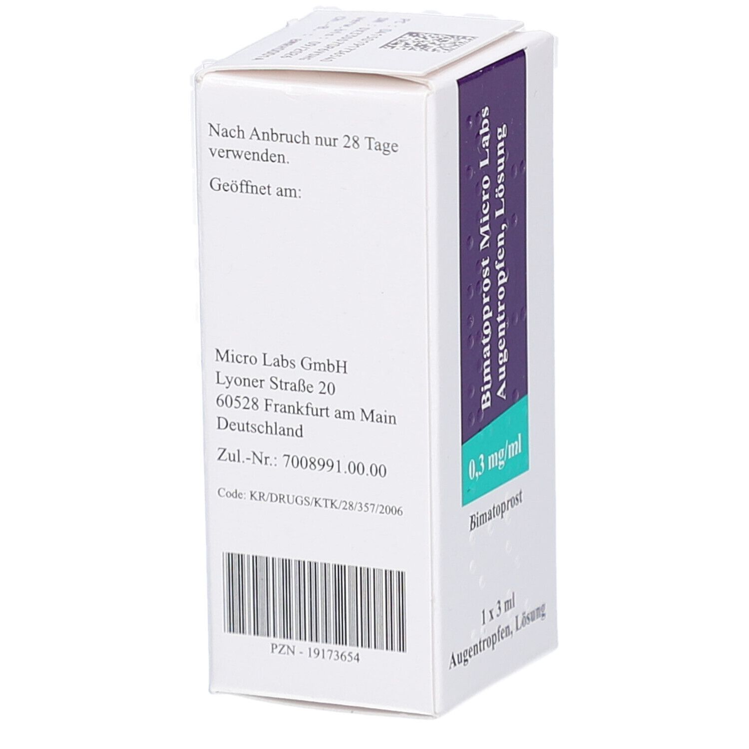 Rückseite der Schachtel mit Augentropfen. Text: Micro Labs GmbH, Adresse, Zul.-Nr., Code, PZN-19173654. Barcode.