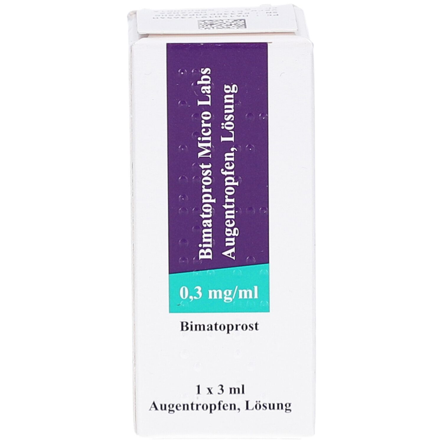 Schachtel mit Augentropfen. Aufschrift: Bimatoprost Micro Labs, 0,3 mg/ml. Inhalt: 1 x 3 ml Augentropfen, Lösung.