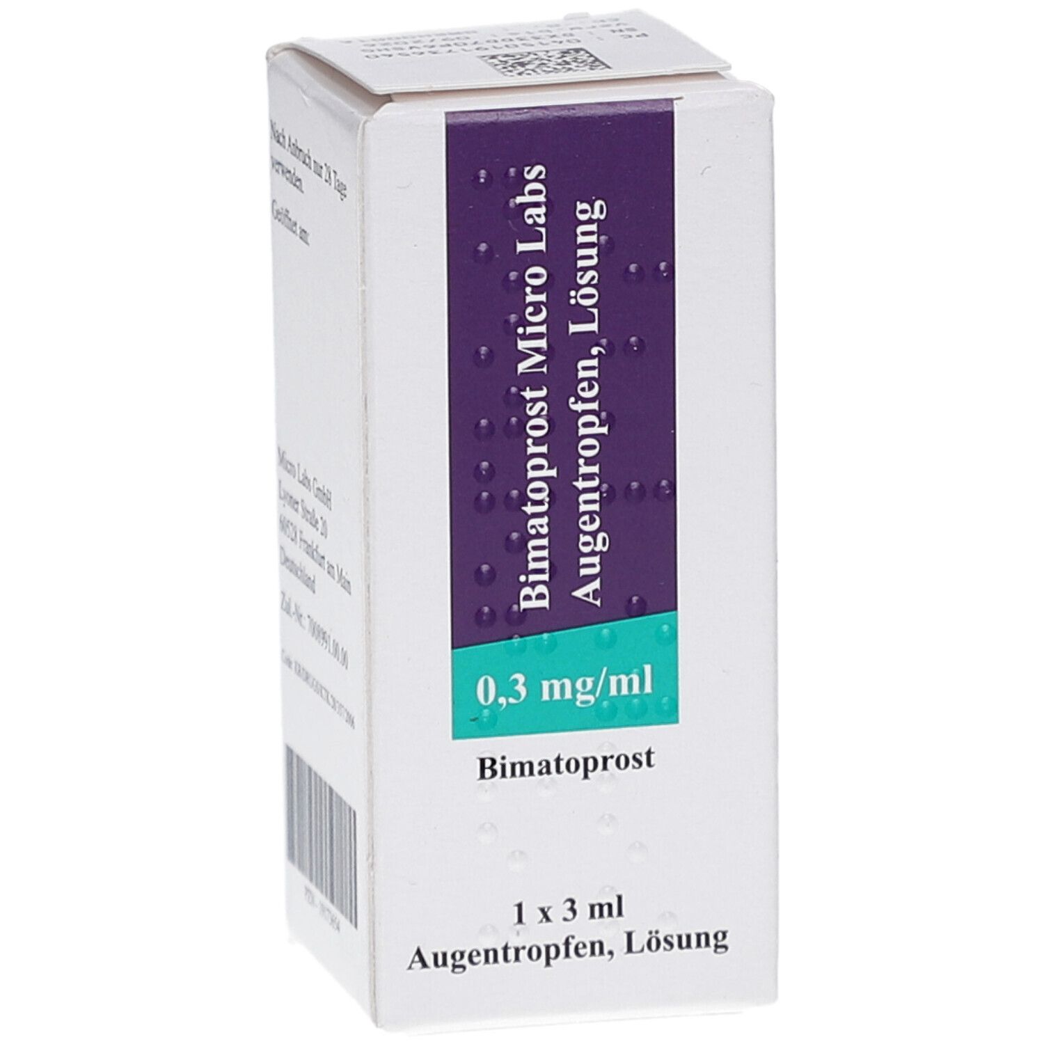 Schachtel mit Augentropfen. Aufschrift: Bimatoprost Micro Labs, 0,3 mg/ml. Inhalt: 1 x 3 ml Augentropfen, Lösung.