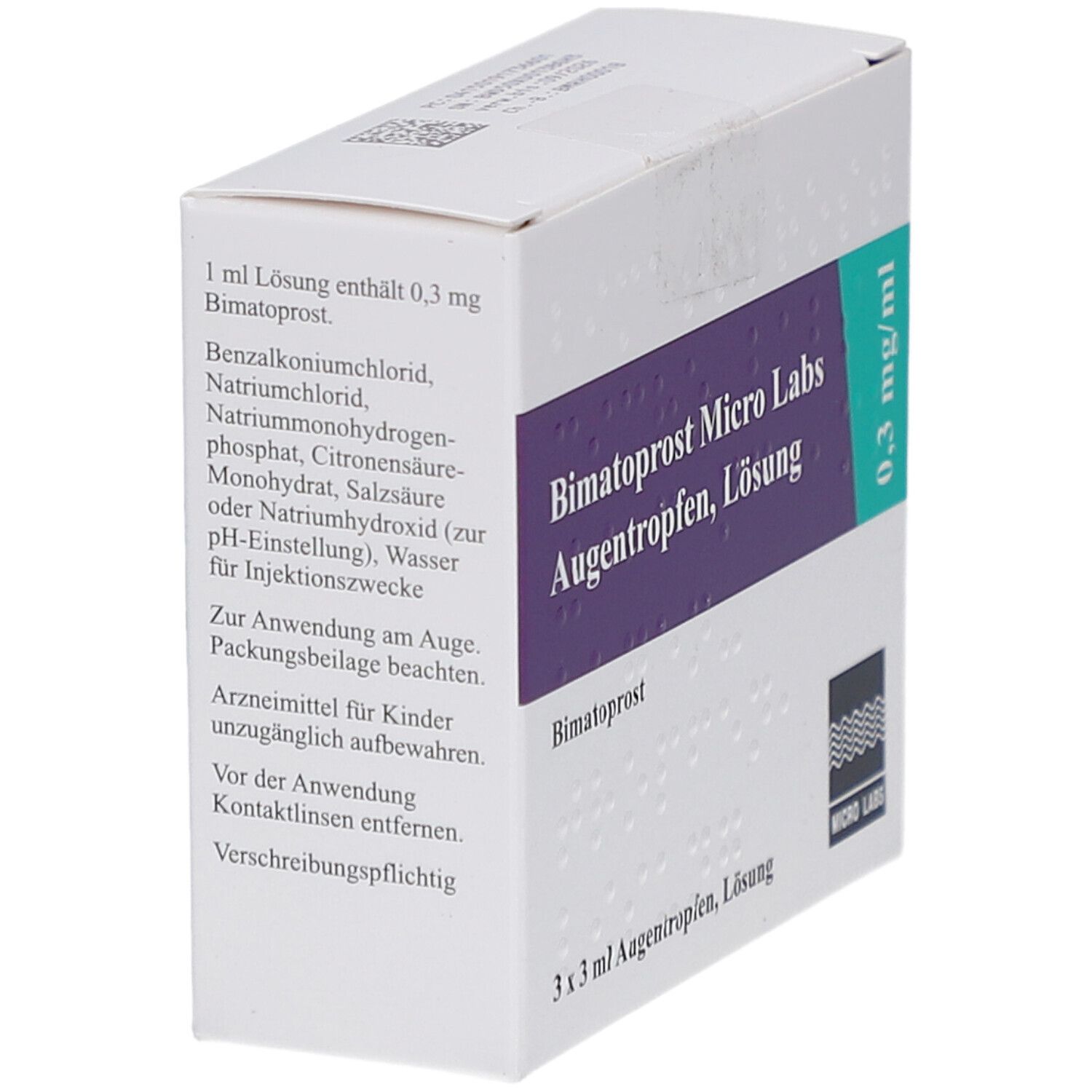 Weißer Karton mit Text. Aufschrift: Bimatoprost Micro Labs Augentropfen, Lösung. 3 x 3 ml. Inhaltsstoffe und Anwendungshinweise.
