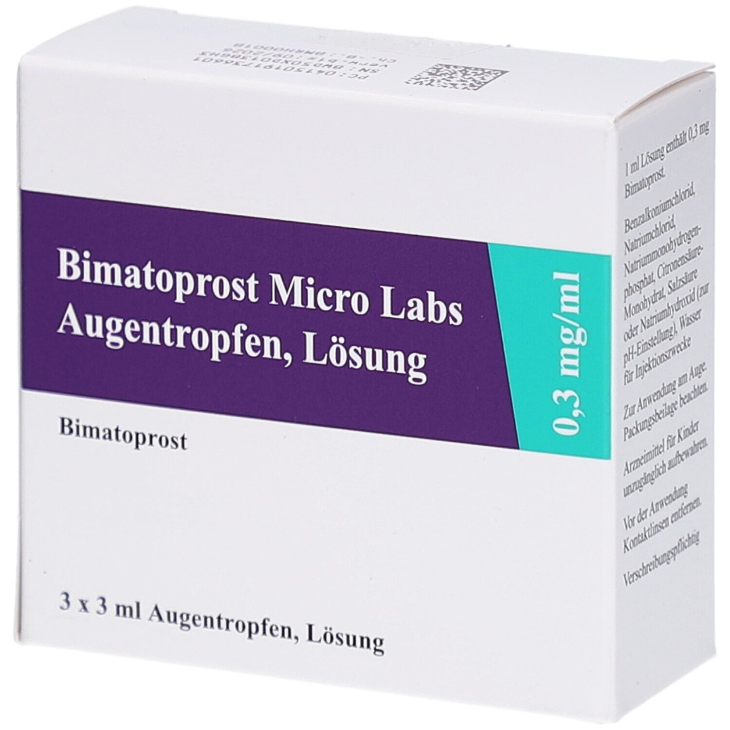 Weißer Karton mit lila und türkisfarbenen Akzenten. Aufschrift: Bimatoprost Micro Labs Augentropfen, Lösung. 3 x 3 ml.