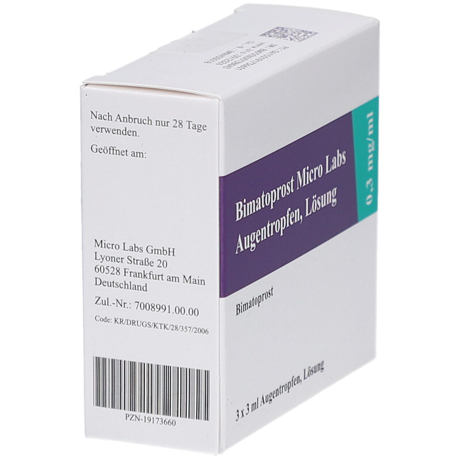 Weißer Karton mit Text. Aufschrift: Bimatoprost Micro Labs Augentropfen, Lösung. 3 x 3 ml. Herstelleradresse und Chargennummer.