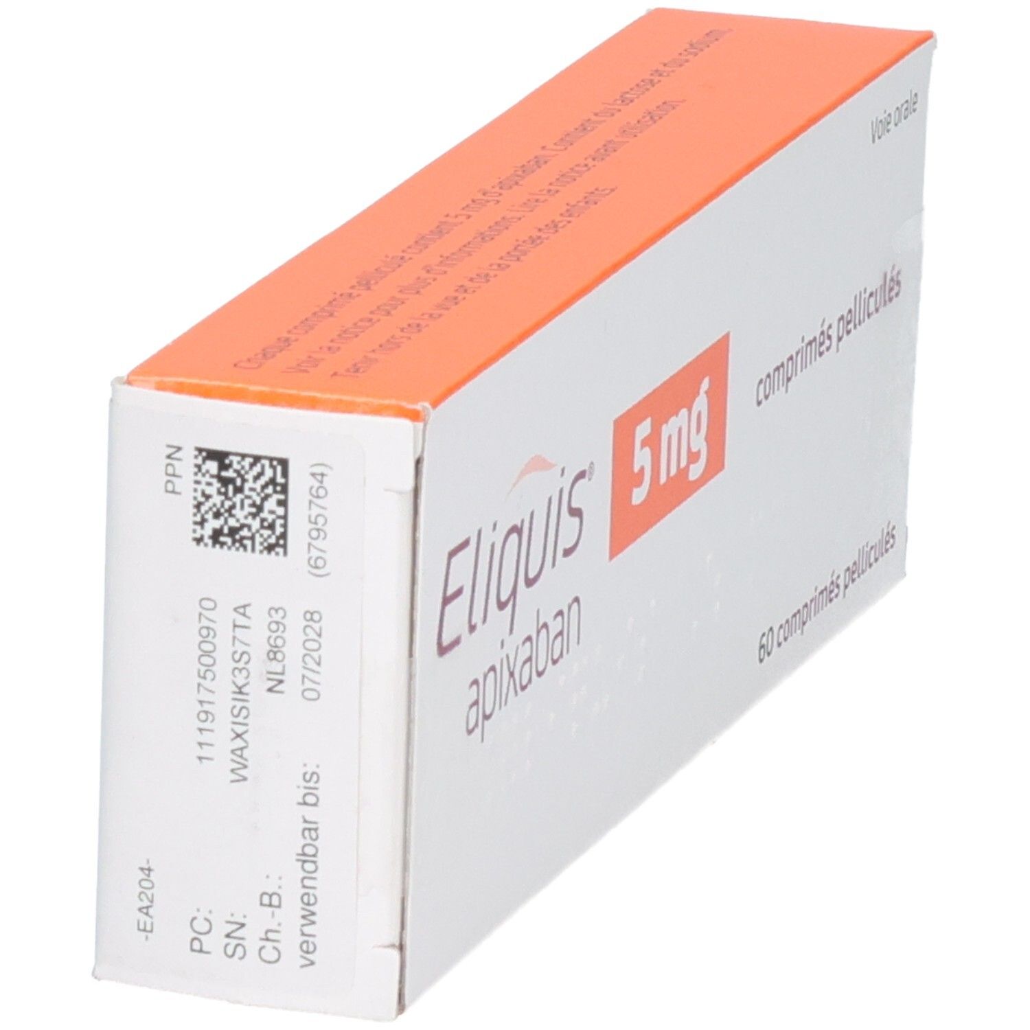 Packung Eliquis 5 mg Apixaban Filmtabletten, 60 Stück, mit Chargennummer und Verfallsdatum.