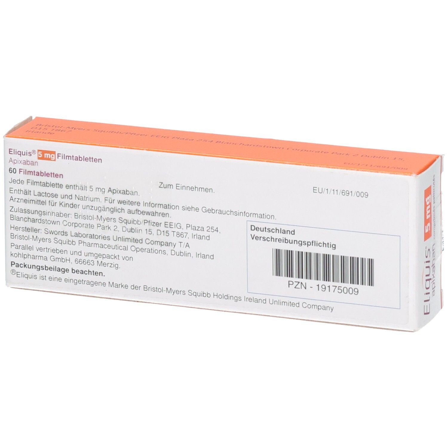 Rückseite der Packung Eliquis 5 mg Filmtabletten mit Dosierungsinformationen und Herstellerangaben.