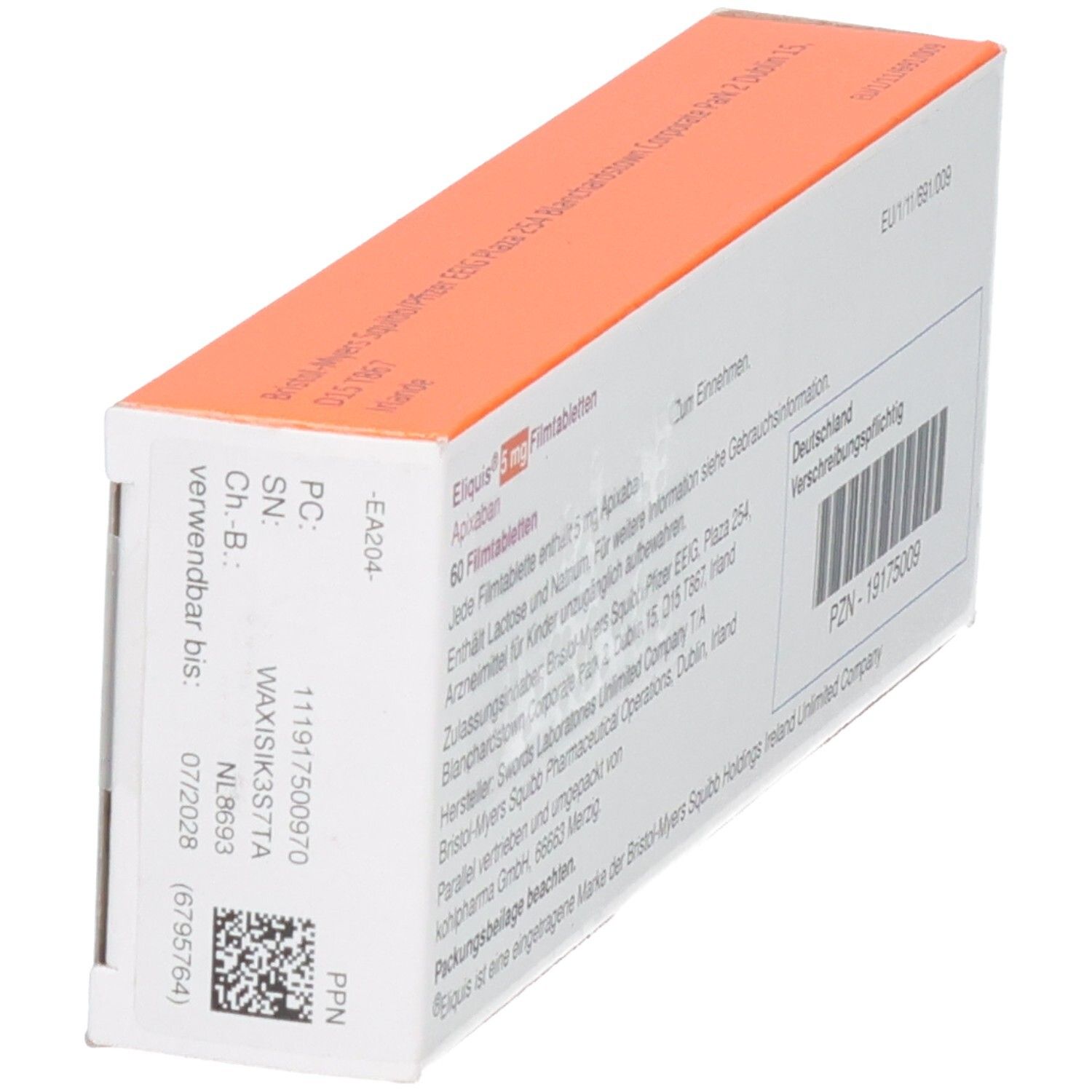 Seitenansicht der Packung Eliquis 5 mg Filmtabletten mit Chargennummer und Verfallsdatum.