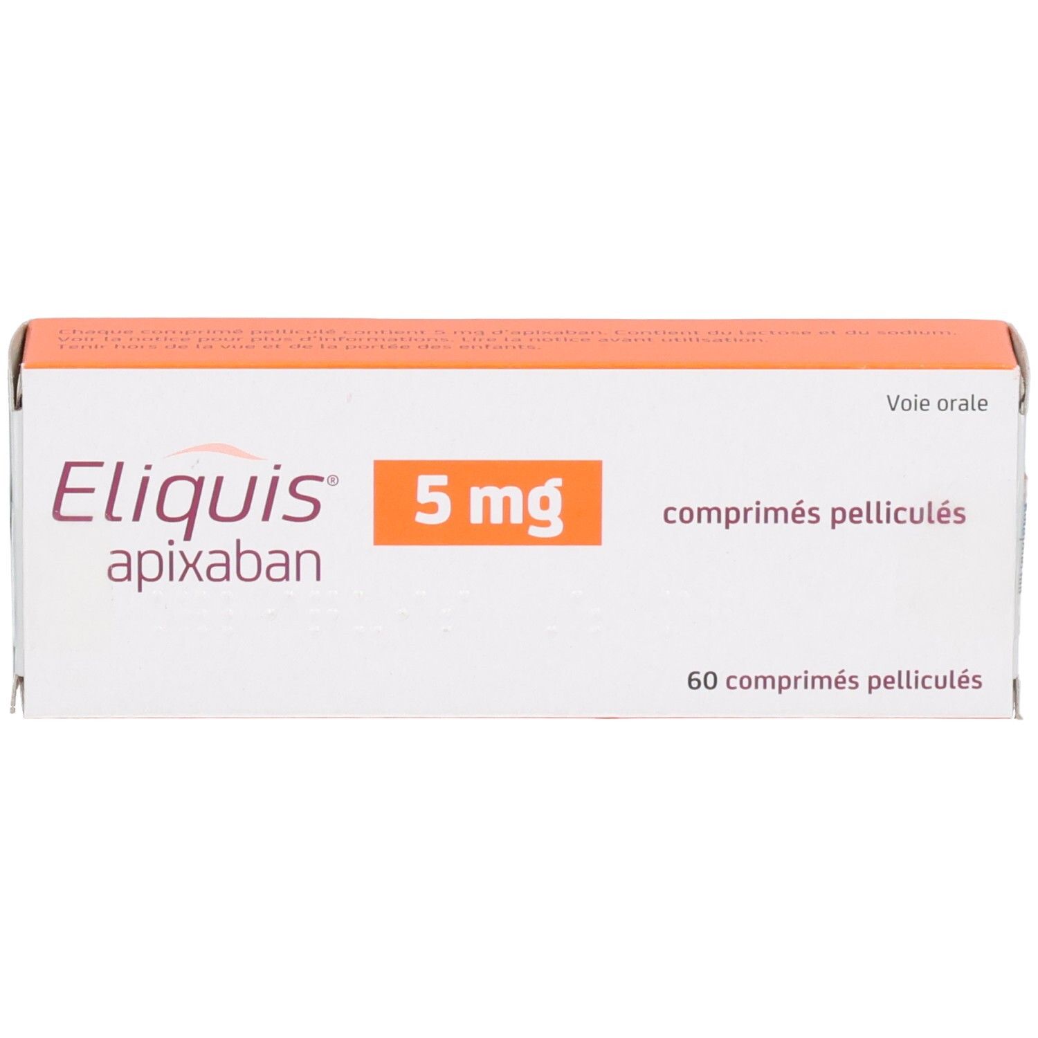 Packung Eliquis 5 mg Apixaban Filmtabletten, 60 Stück, mit Kennzeichnung für orale Anwendung.