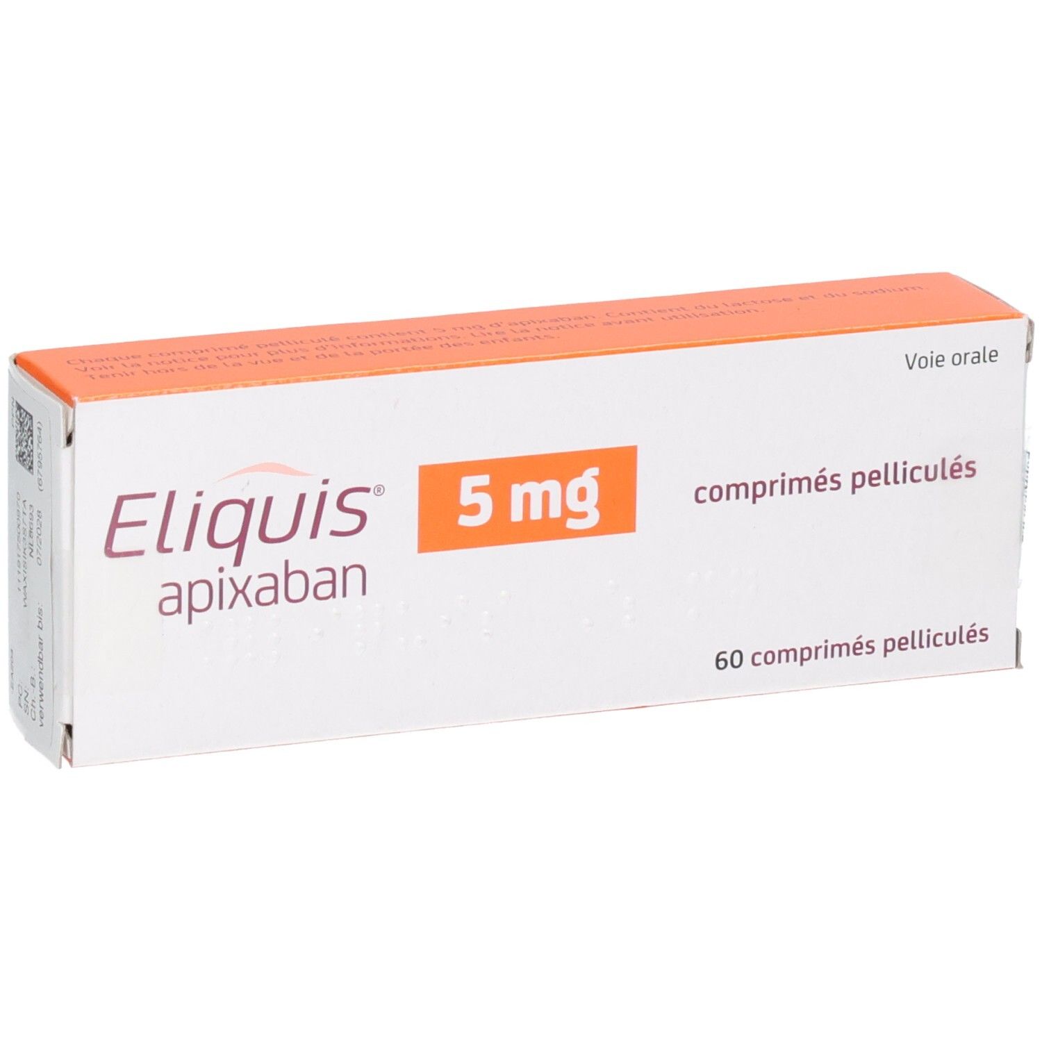 Packung Eliquis 5 mg Apixaban Filmtabletten, 60 Stück, mit Kennzeichnung für orale Anwendung.