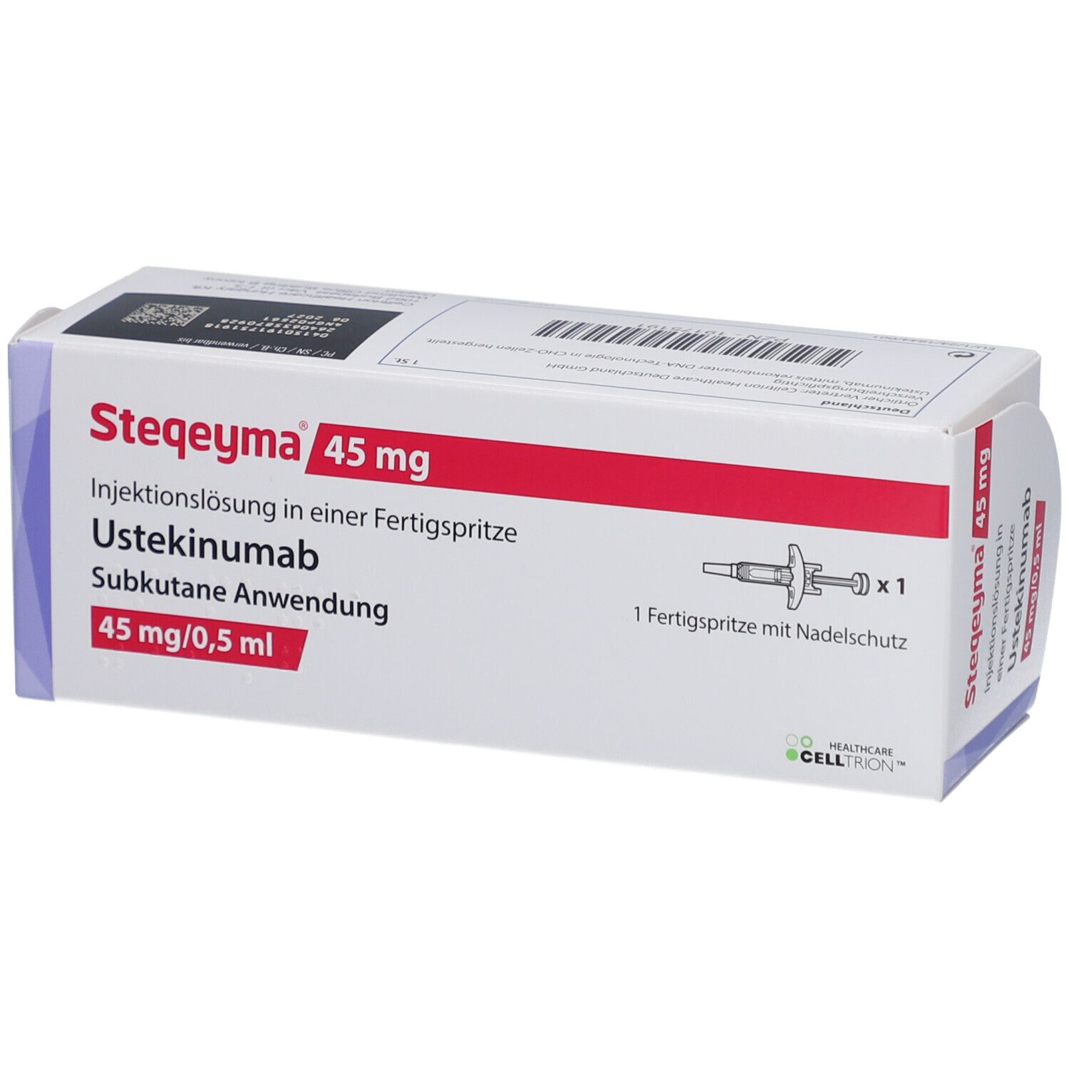 Verpackung von STEQEYMA 45 mg Injektionslösung. Fertigspritze mit Nadelschutz. Text: Ustekinumab, 45 mg/0,5 ml.