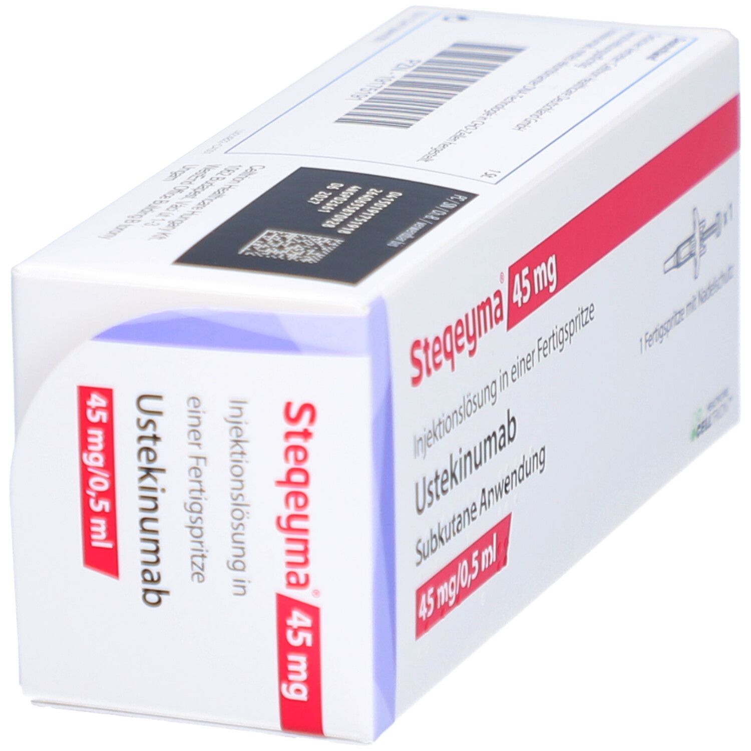 Schrägansicht der Verpackung von STEQEYMA 45 mg. Text: Ustekinumab, 45 mg/0,5 ml. Fertigspritze mit Nadelschutz.