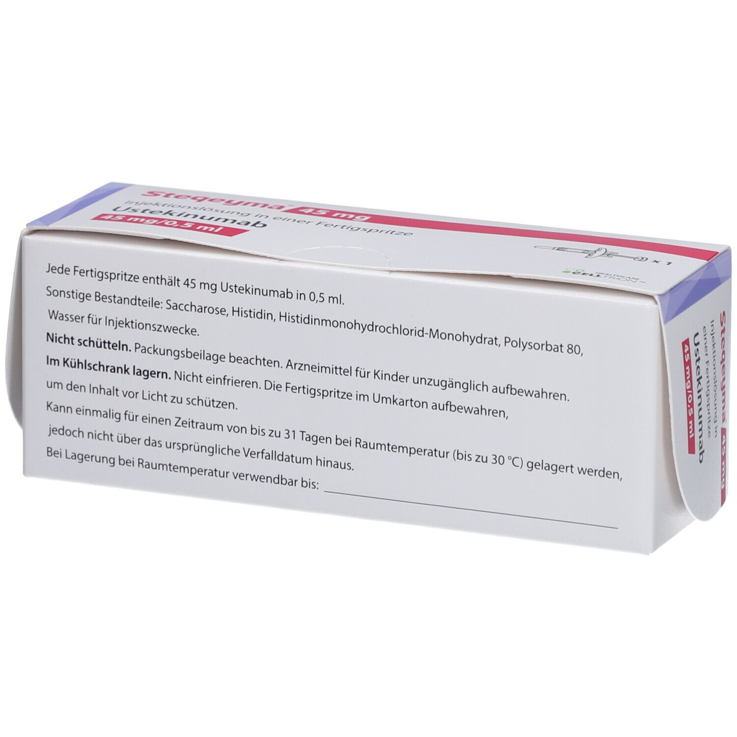 Rückseite der Verpackung von STEQEYMA 45 mg. Text: Ustekinumab, 45 mg/0,5 ml. Hinweise zur Lagerung und Inhaltsstoffe.