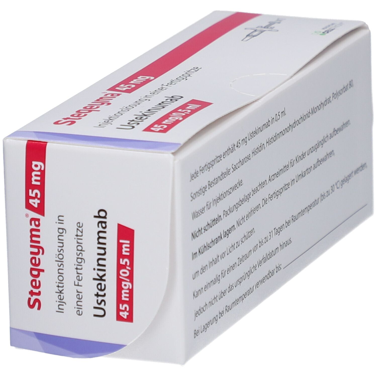 Schrägansicht der Verpackung von STEQEYMA 45 mg. Text: Ustekinumab, 45 mg/0,5 ml. Hinweise zur Lagerung und Inhaltsstoffe.