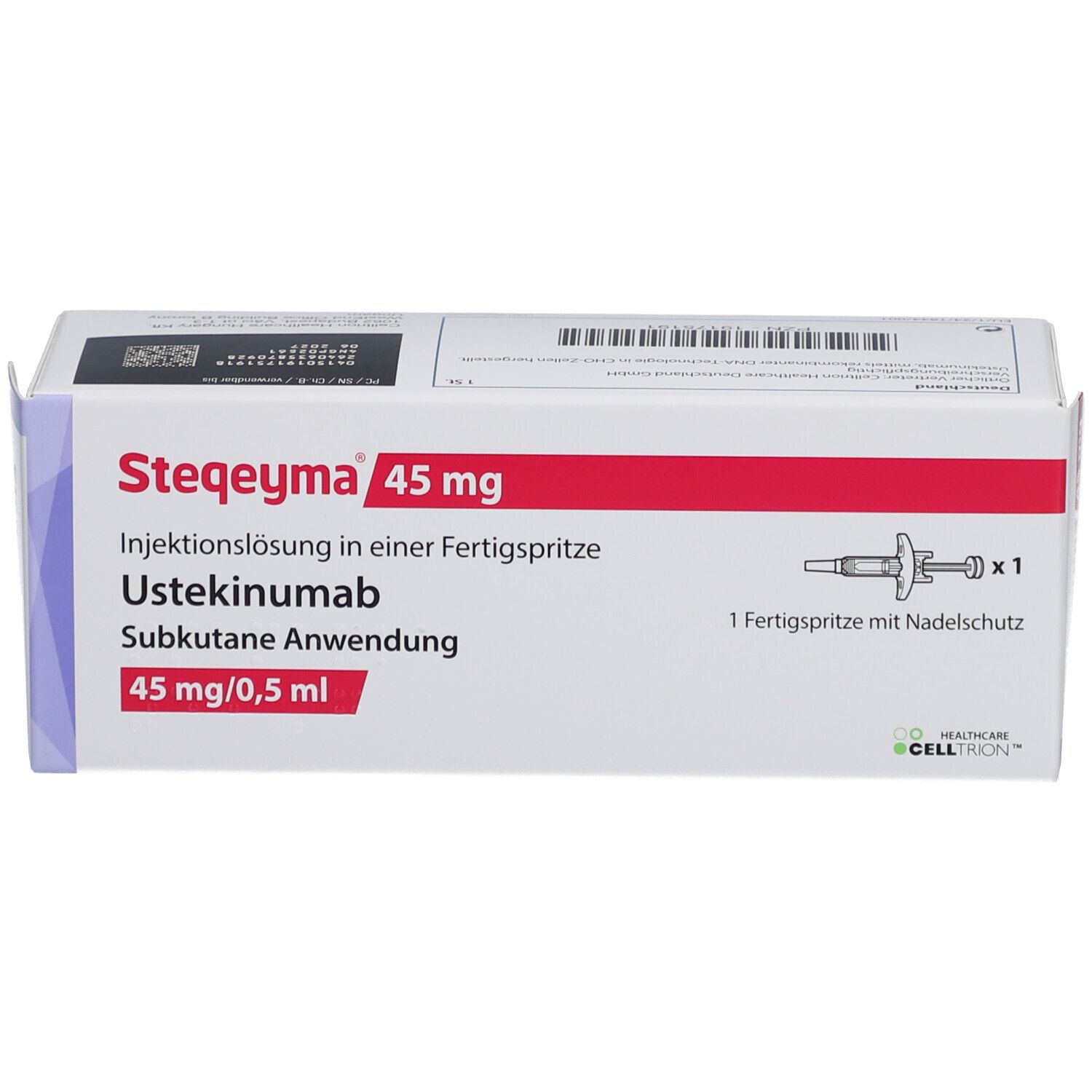 Verpackung von STEQEYMA 45 mg Injektionslösung. Fertigspritze mit Nadelschutz. Text: Ustekinumab, 45 mg/0,5 ml.