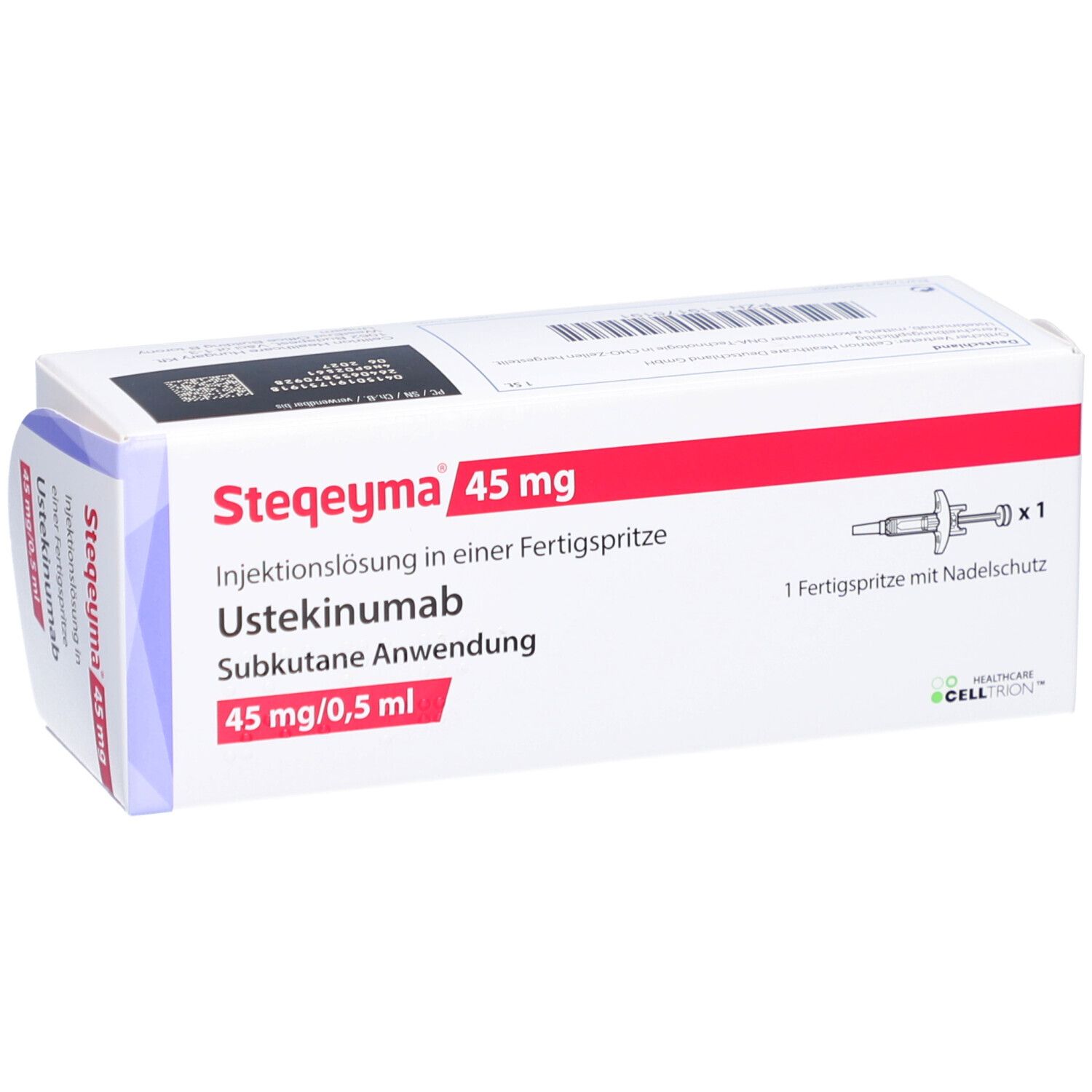 Verpackung von STEQEYMA 45 mg Injektionslösung. Fertigspritze mit Nadelschutz. Text: Ustekinumab, 45 mg/0,5 ml.
