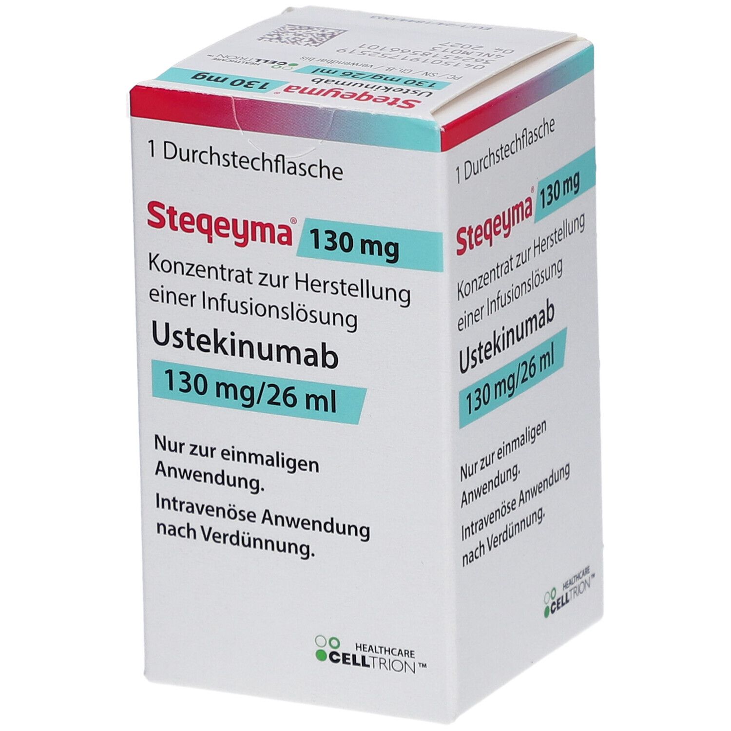 Schachtel mit STEQEYMA 130 mg. Konzentrat zur Herstellung einer Infusionslösung. Enthält Ustekinumab 130 mg/26 ml. Nur zur einmaligen Anwendung.