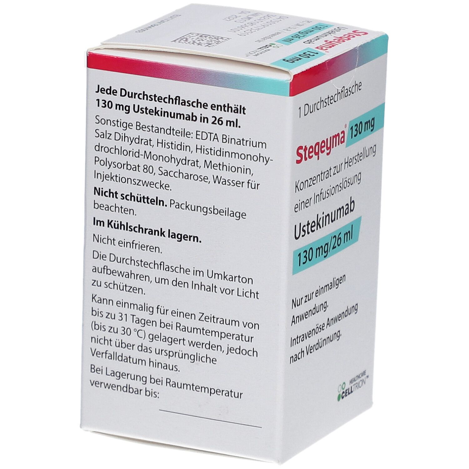 Schachtel mit Informationen zu STEQEYMA 130 mg. Enthält Ustekinumab 130 mg/26 ml. Inhaltsstoffe, Lagerungshinweise und Herstellerinformationen.