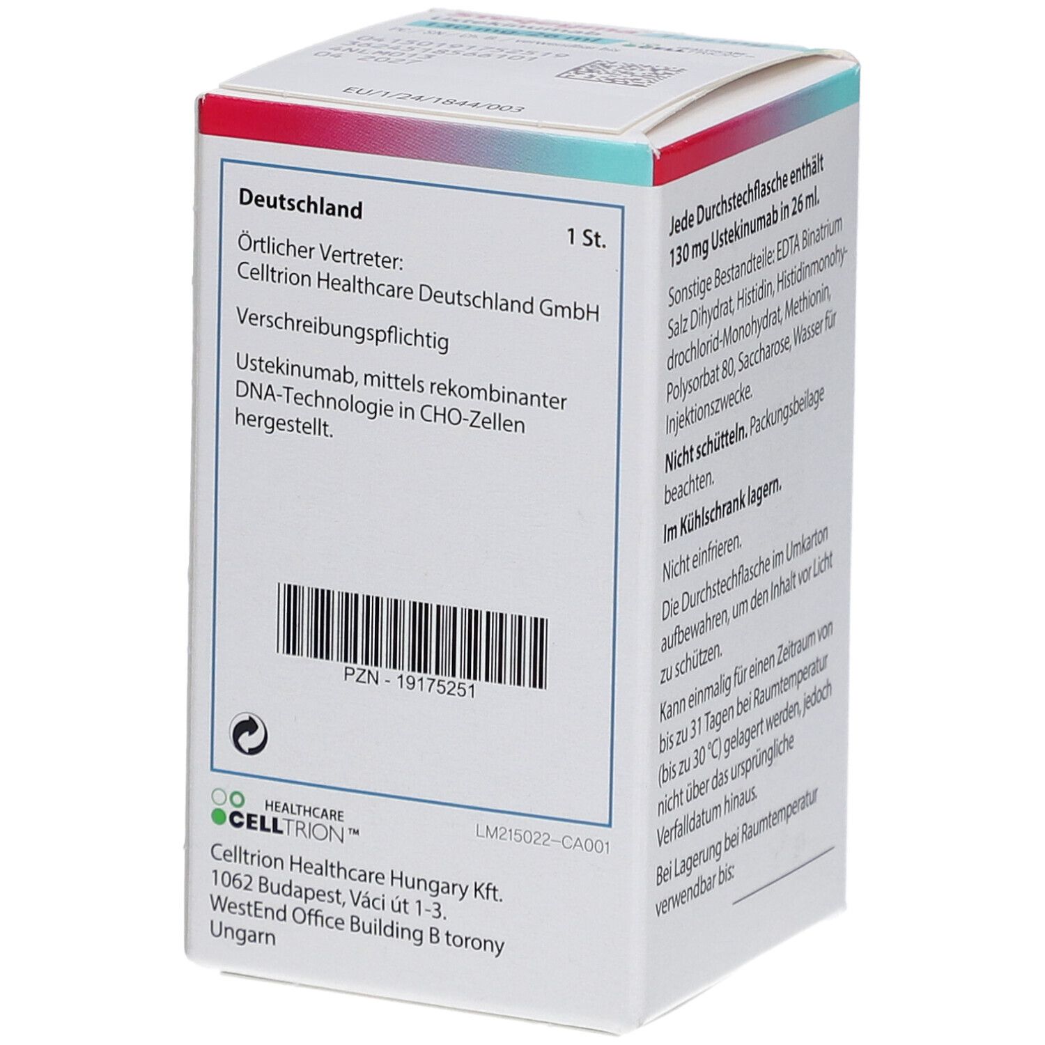 Rückseite der STEQEYMA 130 mg Schachtel. Herstellerinformationen, Barcode und Angaben zu Deutschland als Vertriebsland.