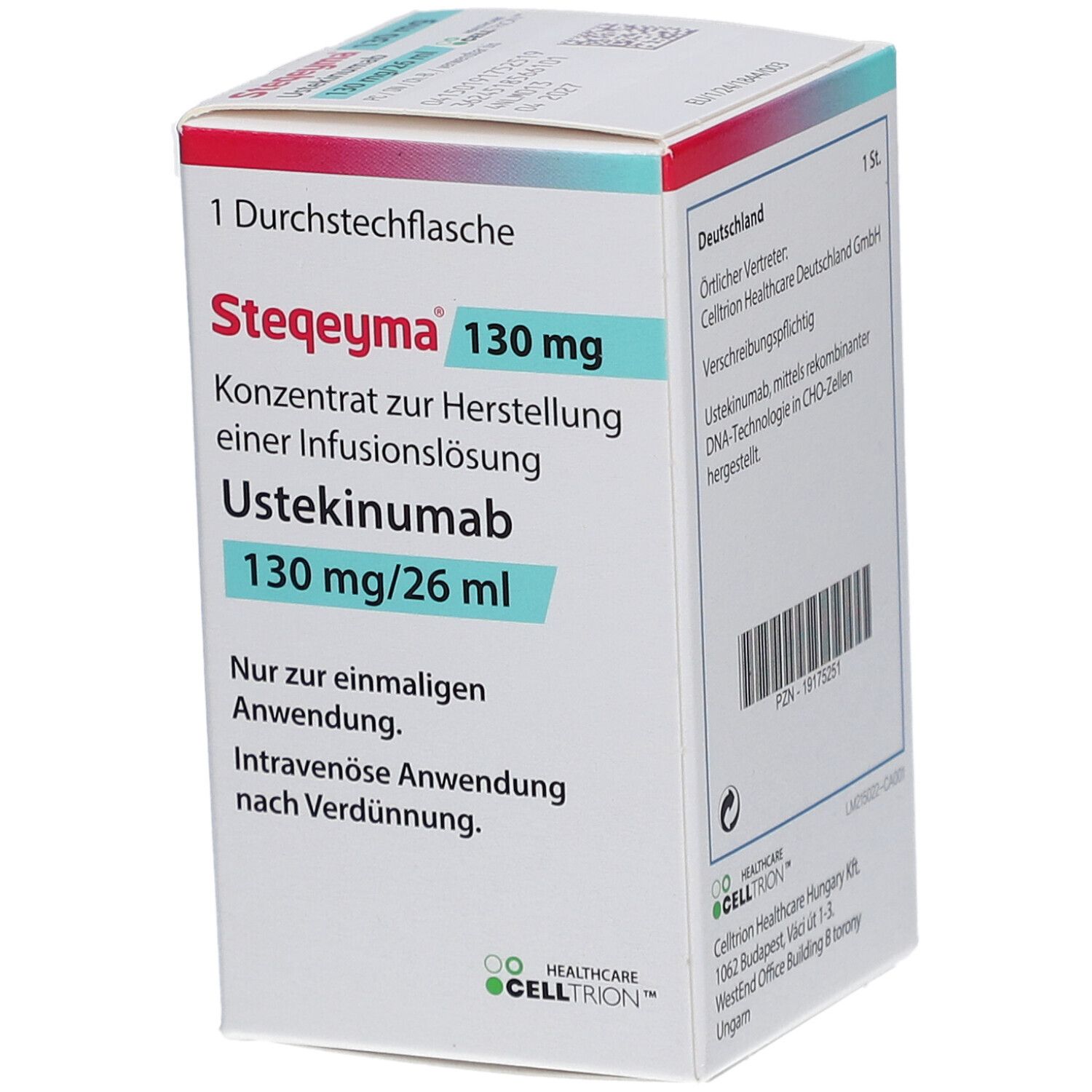 Schachtel mit STEQEYMA 130 mg. Konzentrat zur Herstellung einer Infusionslösung. Enthält Ustekinumab 130 mg/26 ml. Nur zur einmaligen Anwendung.