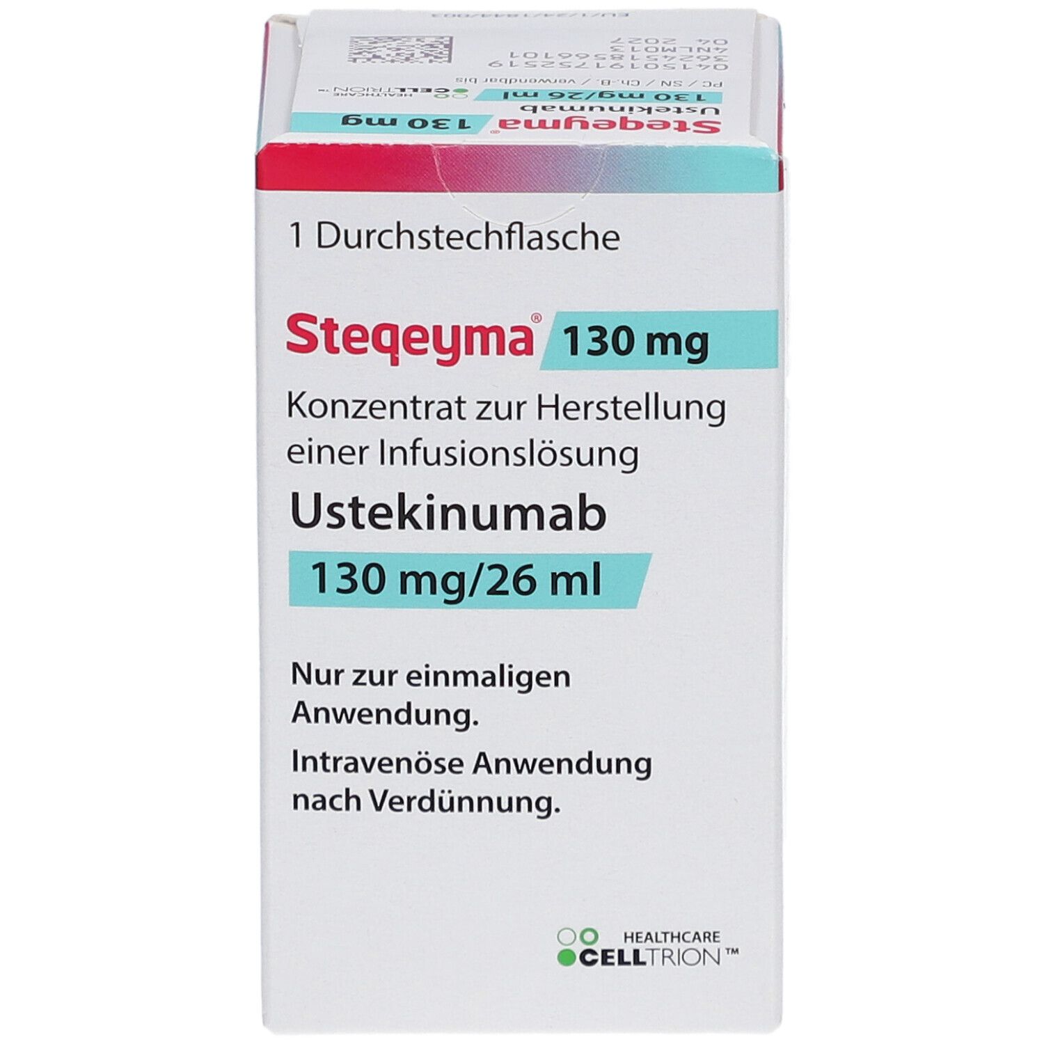 Schachtel mit STEQEYMA 130 mg. Konzentrat zur Herstellung einer Infusionslösung. Enthält Ustekinumab 130 mg/26 ml. Nur zur einmaligen Anwendung.