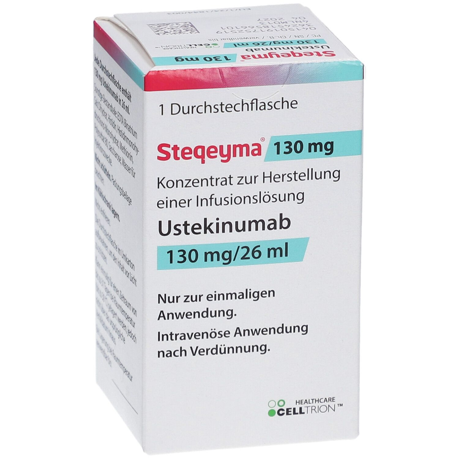 Schachtel mit STEQEYMA 130 mg. Konzentrat zur Herstellung einer Infusionslösung. Enthält Ustekinumab 130 mg/26 ml. Nur zur einmaligen Anwendung.