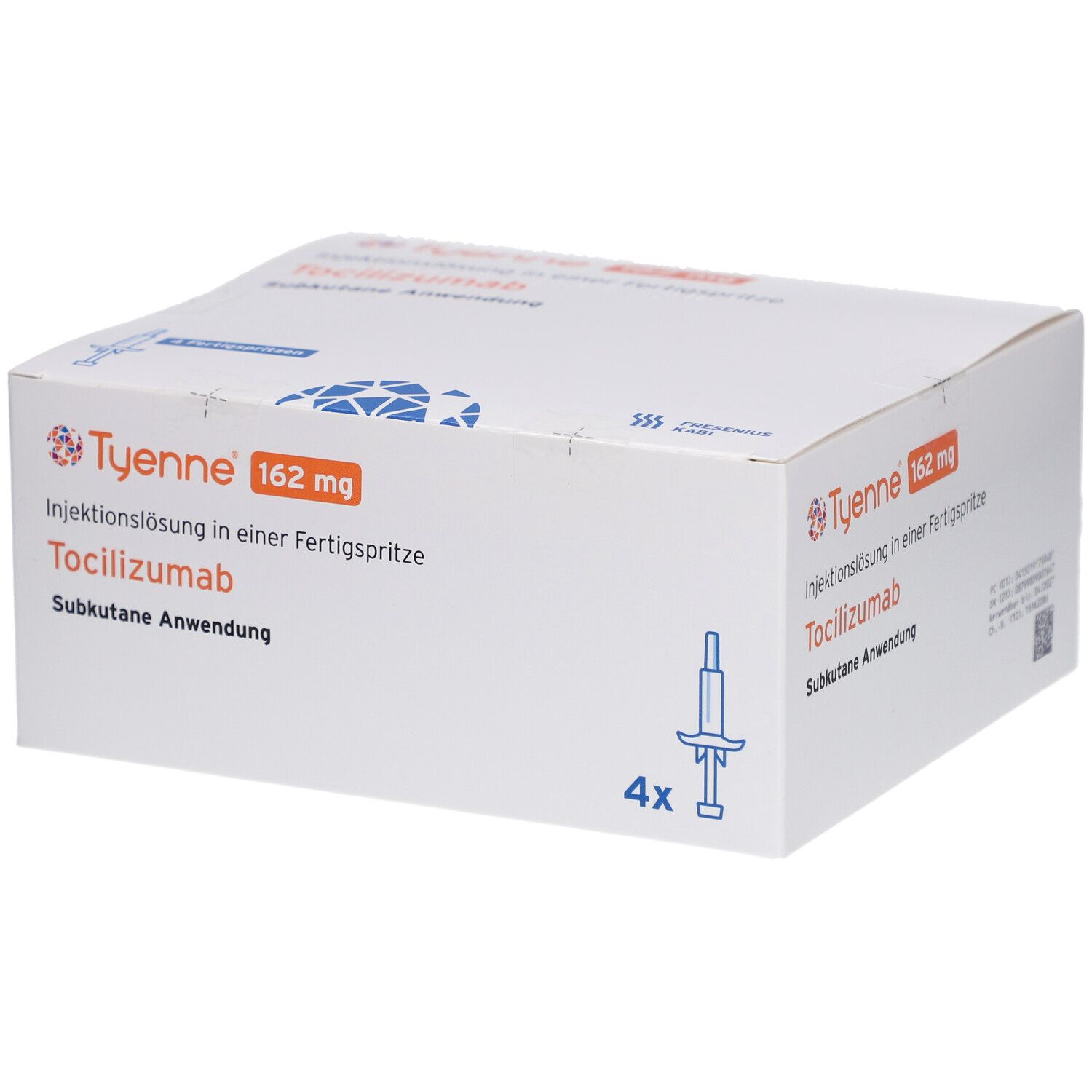 Weiße Kartonverpackung mit Aufdruck. Enthält TYENNE 162 mg Injektionslösung in Fertigspritze. 4 Fertigspritzen.