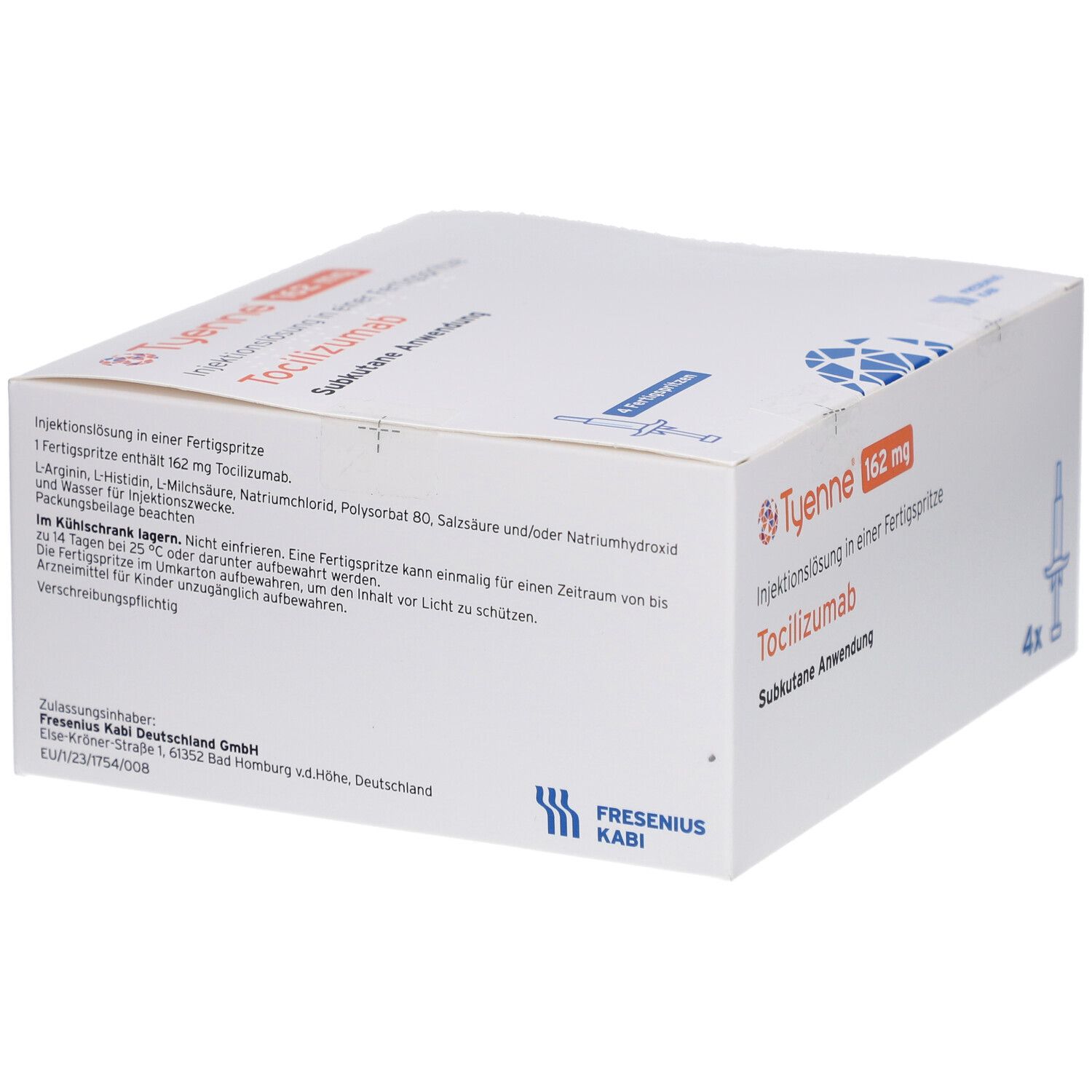 Weiße Kartonverpackung mit Aufdruck. Enthält TYENNE 162 mg Injektionslösung in Fertigspritze. Herstellerlogo.