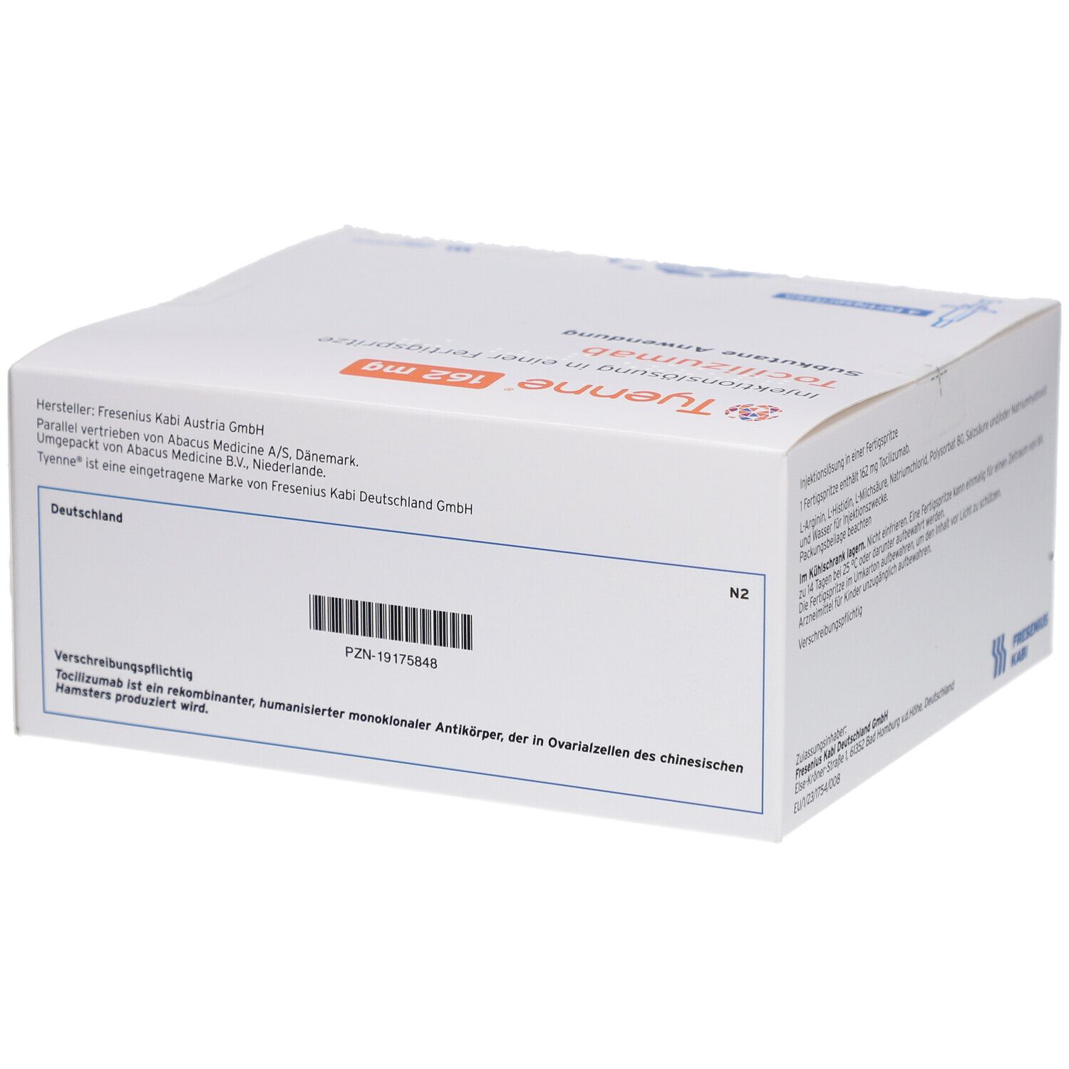 Weiße Kartonverpackung mit Aufdruck. Enthält TYENNE 162 mg Injektionslösung in Fertigspritze. Barcode und Text.