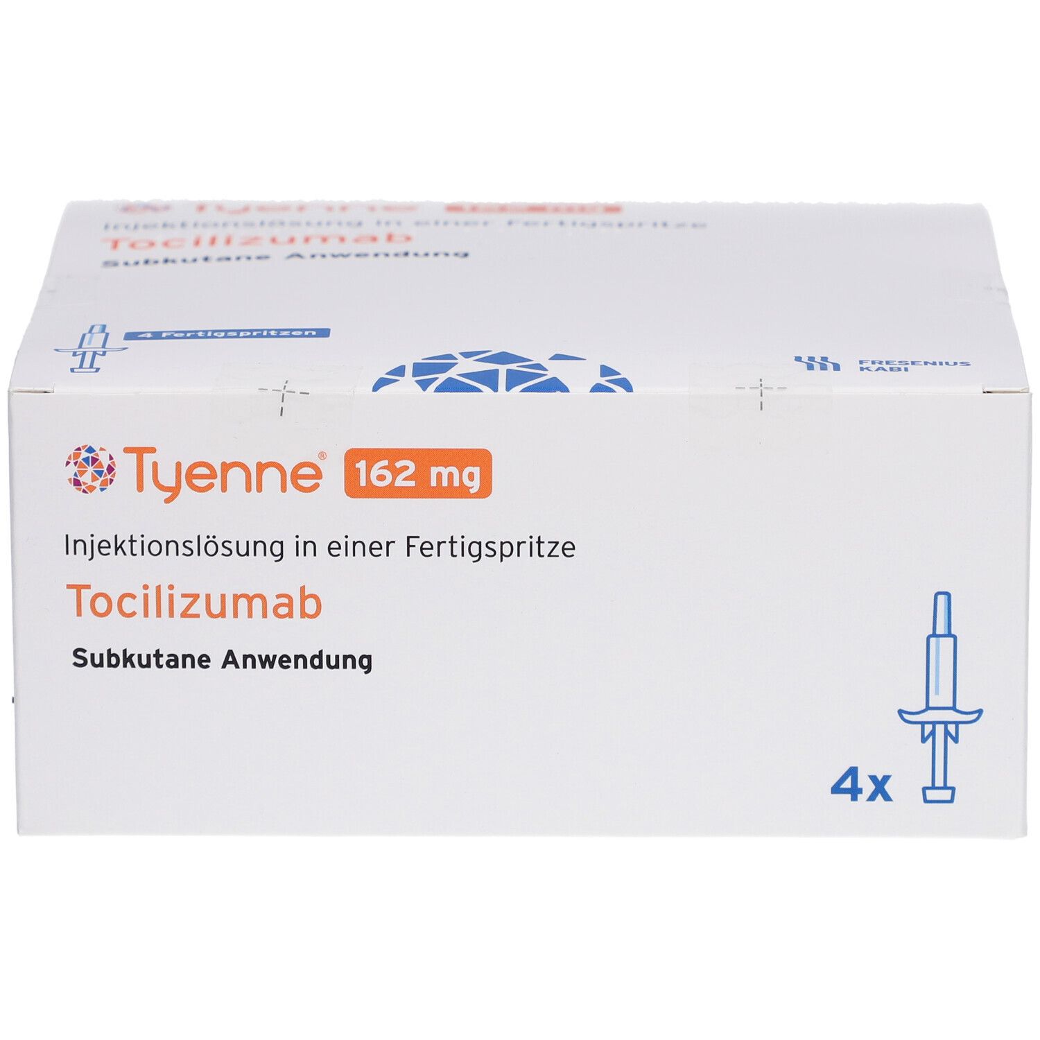Weiße Kartonverpackung mit Aufdruck. Enthält TYENNE 162 mg Injektionslösung in Fertigspritze. 4 Fertigspritzen.