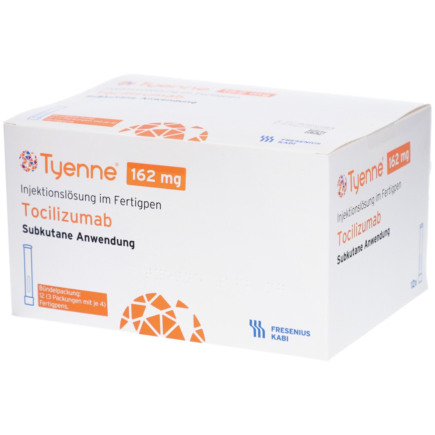 Weißer Karton mit orangefarbenem Logo und Text. Enthält TYENNE 162 mg Injektionslösung im Fertigpen. Subkutane Anwendung.