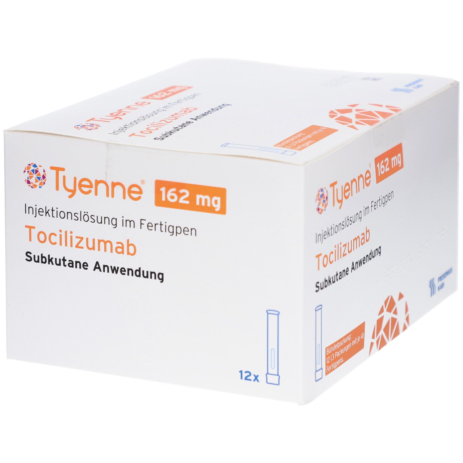 Weißer Karton mit orangefarbenem Logo und Text. Enthält TYENNE 162 mg Injektionslösung im Fertigpen. 12x Packungen.