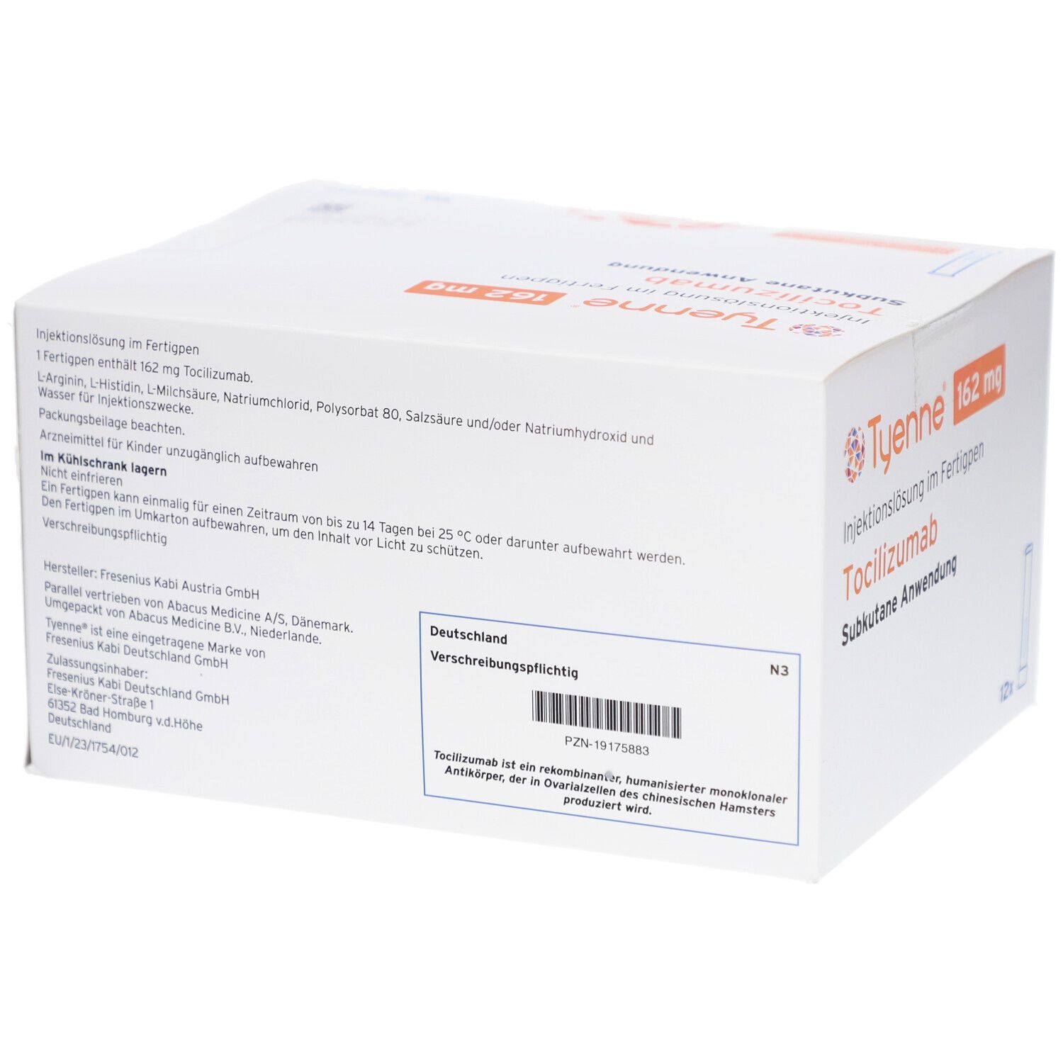 Rückseite eines weißen Kartons mit Text. Enthält Informationen zu TYENNE 162 mg, Inhaltsstoffen, Hersteller und Chargennummer.