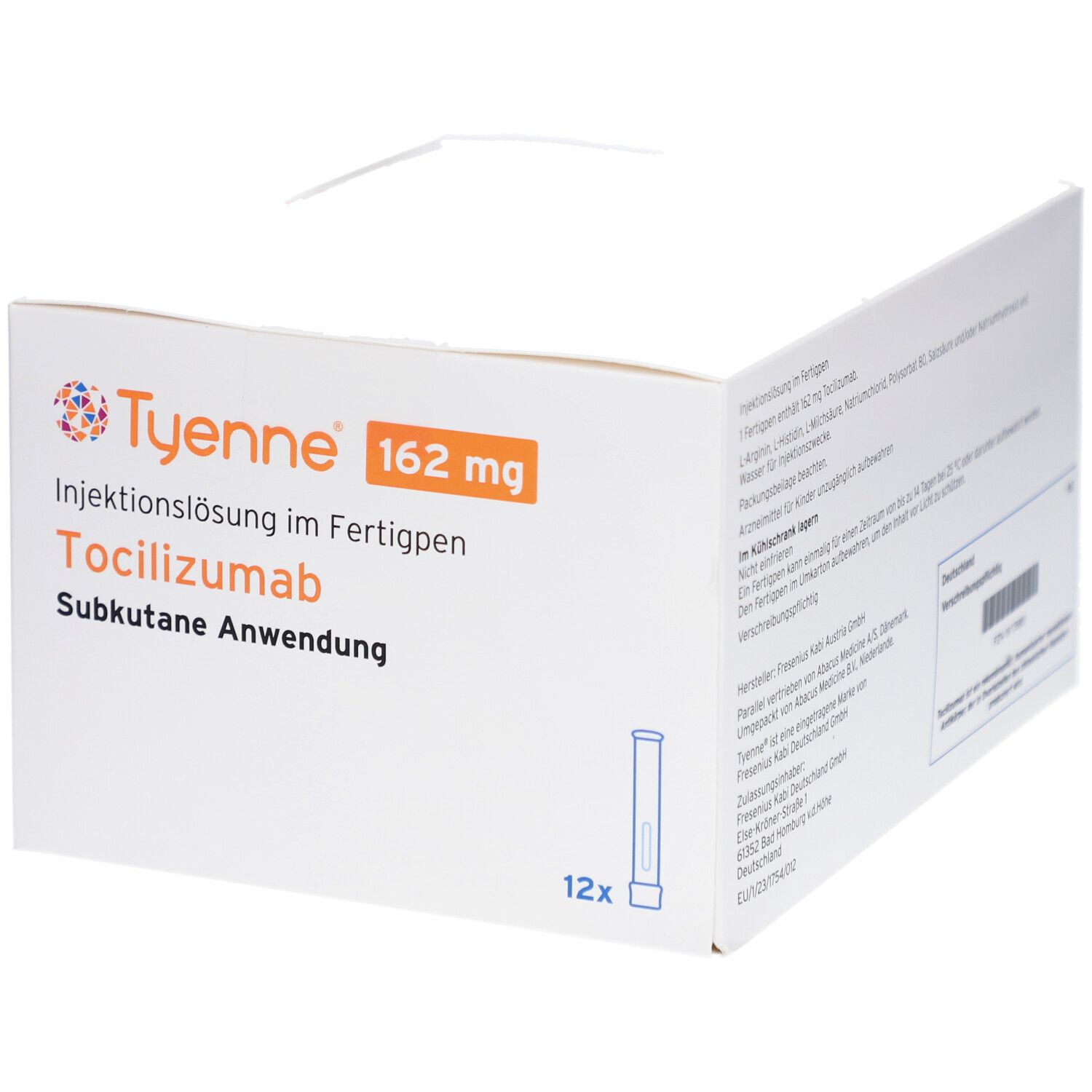 Weißer Karton mit orangefarbenem Logo und Text. Enthält TYENNE 162 mg Injektionslösung im Fertigpen. 12x Packungen.