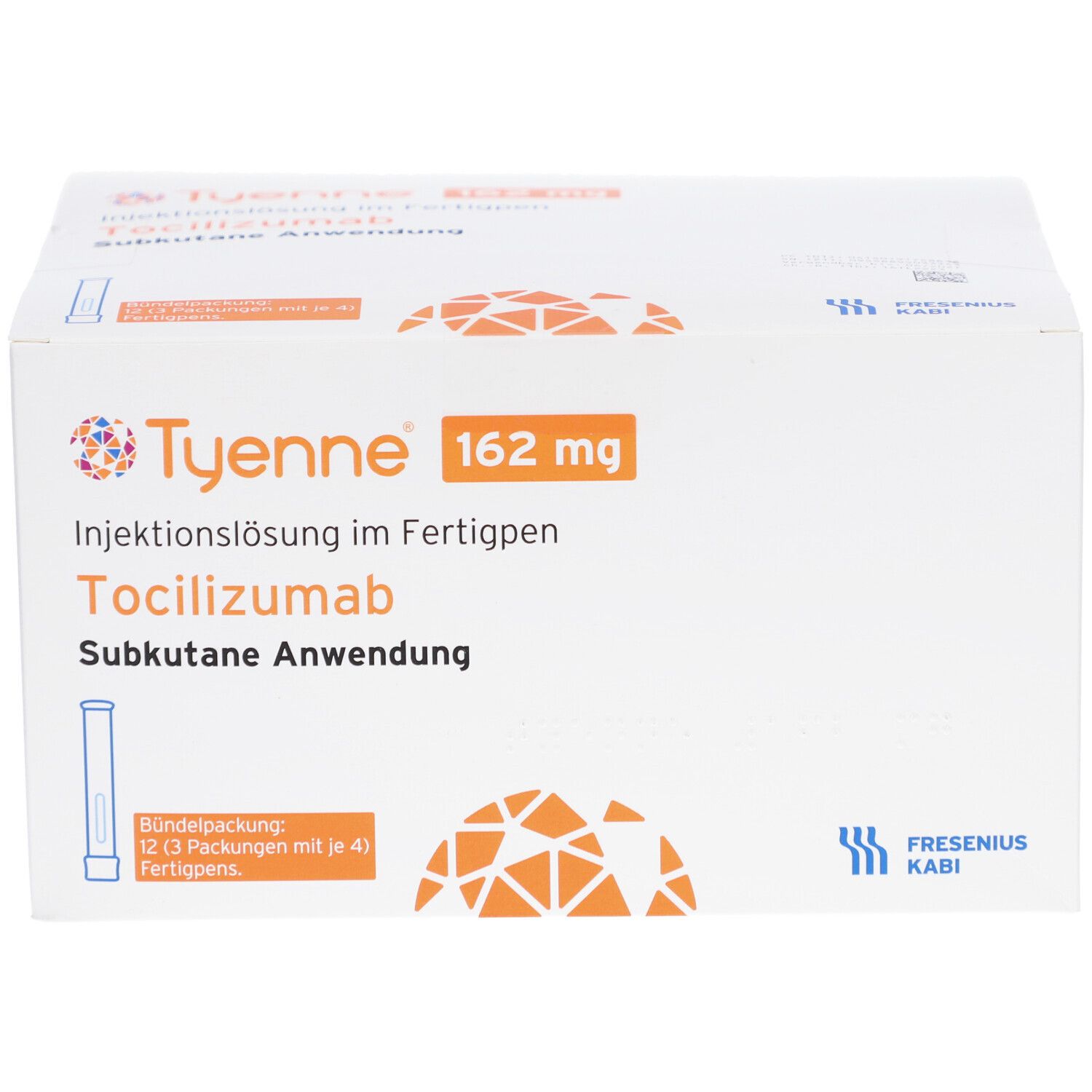 Weißer Karton mit orangefarbenem Logo und Text. Enthält TYENNE 162 mg Injektionslösung im Fertigpen. 12 Packungen.