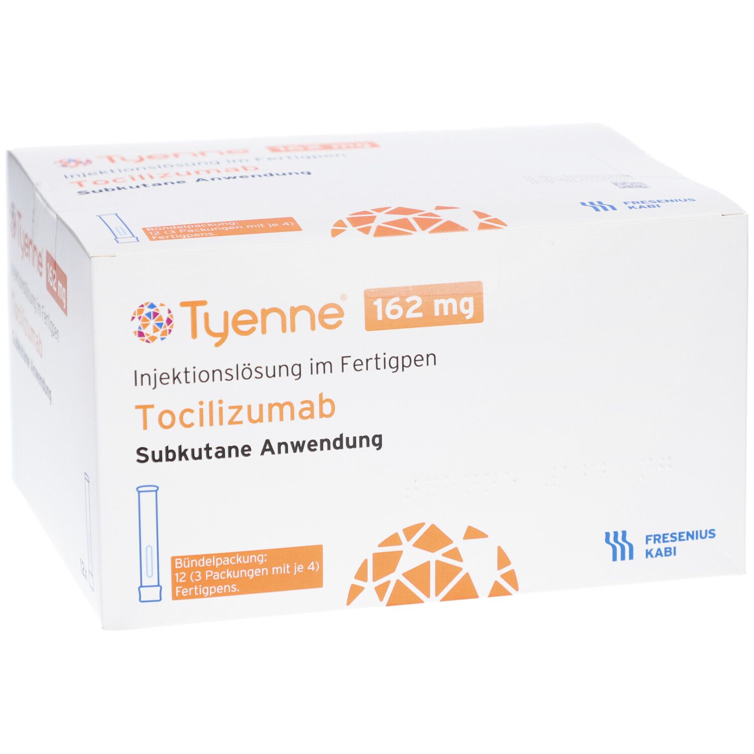 Weißer Karton mit orangefarbenem Logo und Text. Enthält TYENNE 162 mg Injektionslösung im Fertigpen. 12 Packungen.
