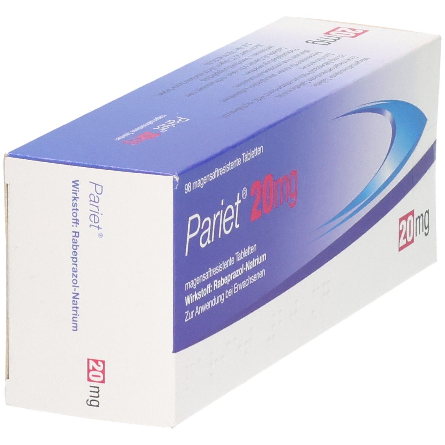 Pariet 20mg magensaftresistente Tabletten Verpackung, Seitenansicht.