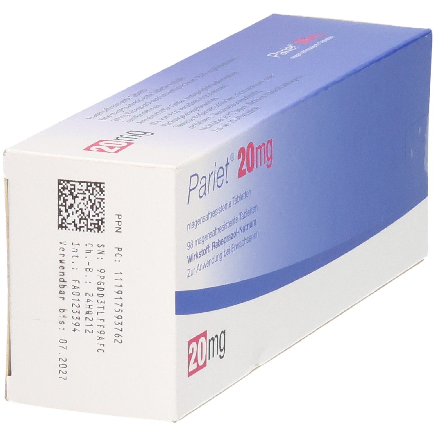 Pariet 20mg magensaftresistente Tabletten Verpackung mit Barcode.