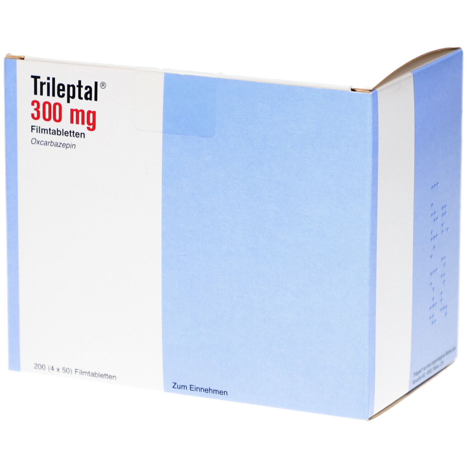 Verpackung von TRILEPTAL 300 mg Filmtabletten. Weiß-blaue Schachtel mit Produktnamen und Dosierung. Enthält 200 Tabletten.