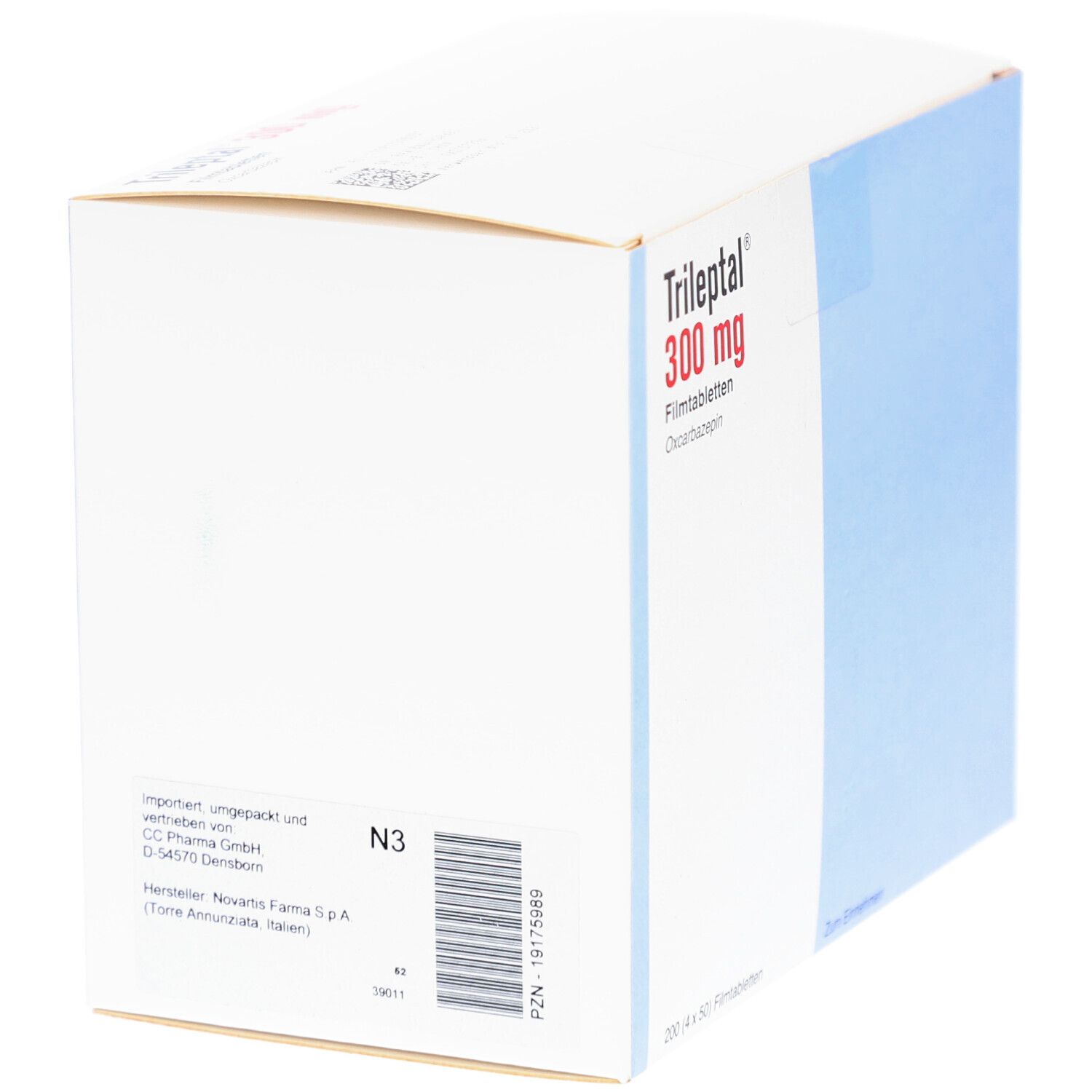 Rückseite der TRILEPTAL 300 mg Verpackung. Enthält Informationen wie Hersteller, Chargennummer und Barcode.