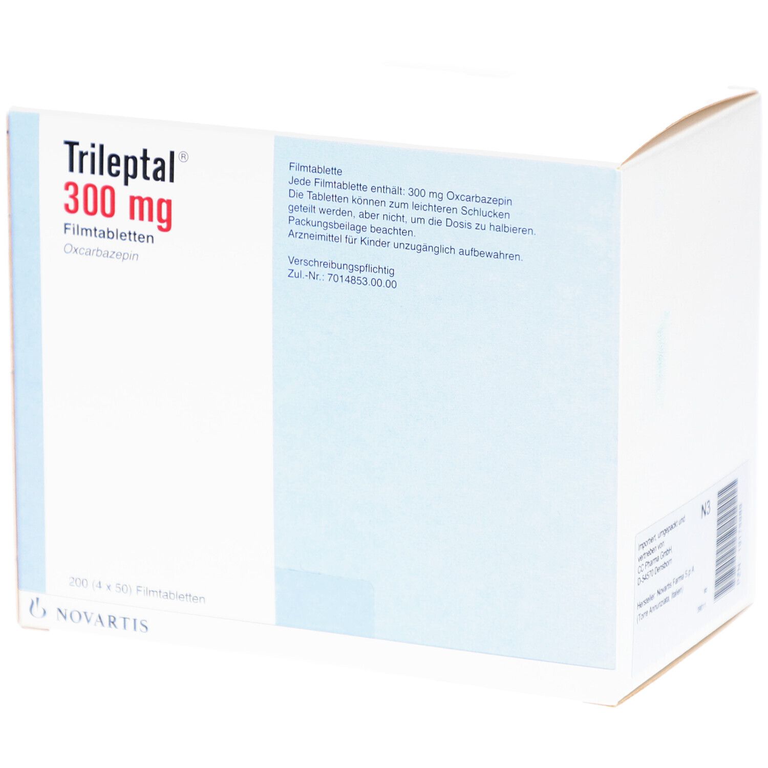 Geöffnete Verpackung von TRILEPTAL 300 mg Filmtabletten. Enthält Informationen und Text über das Medikament.