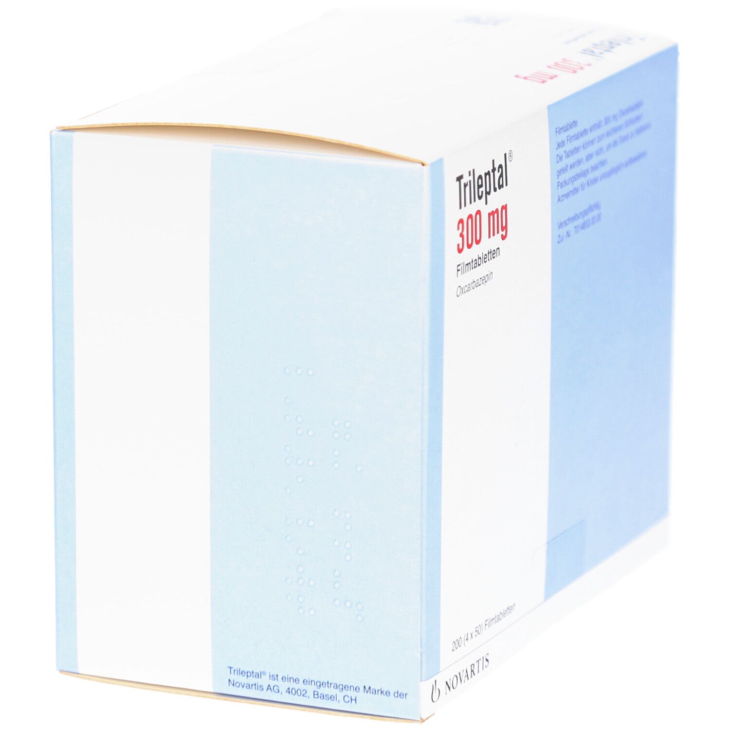 TRILEPTAL 300 mg Verpackung, leicht schräg. Weiß-blaue Schachtel mit Produktnamen und Dosierung.